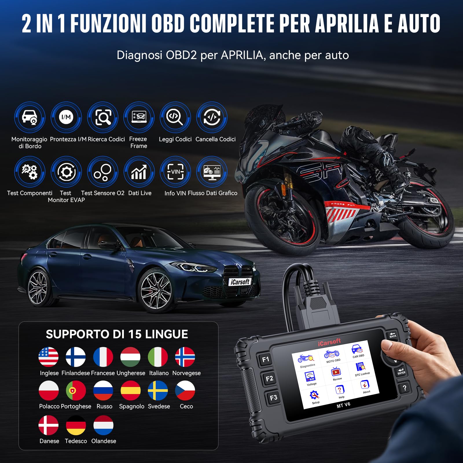 iCarsoft MT V6 - Diagnostico per moto Aprilia, diagnosi di sistema, 88 servizi di manutenzione, 123 test bidirezionali, lettura e cancellazione dei codici di errore, test della batteria
