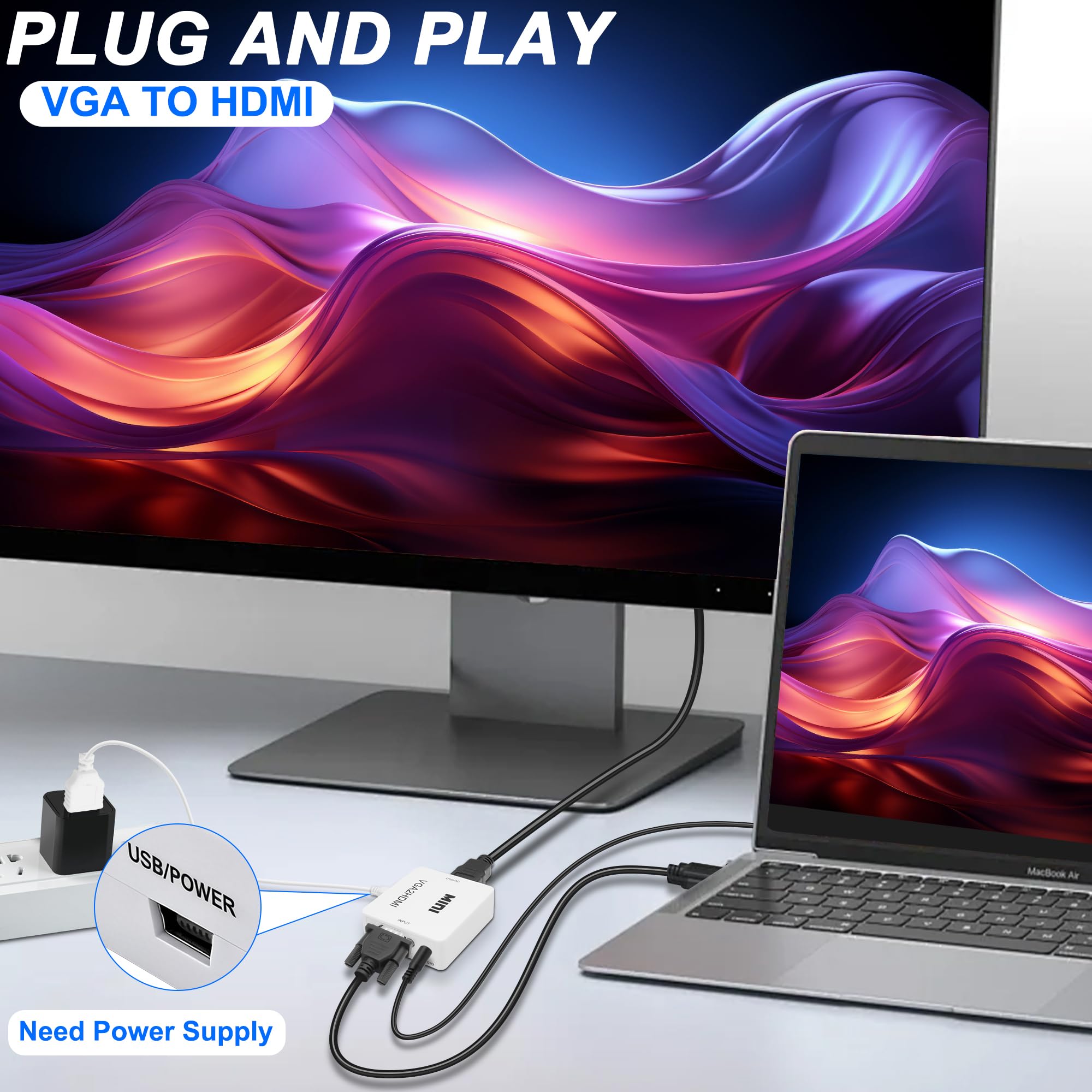 Convertisseur VGA vers HDMI 1080p avec port audio 3,5 mm pour PC, ordinateur portable, projecteur (blanc)