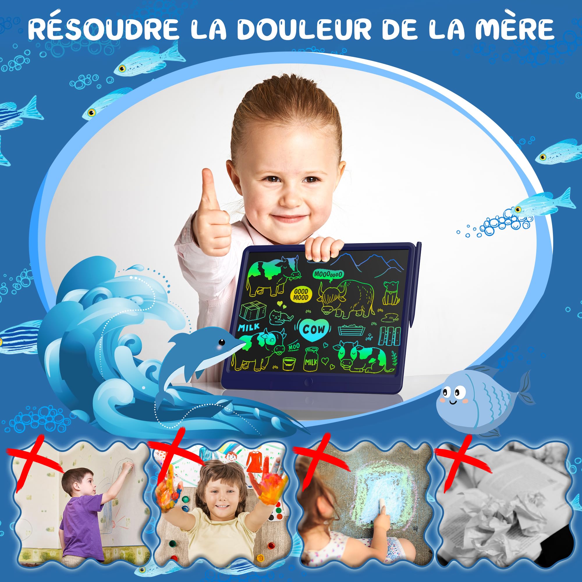 GIGART Tablette d'écriture LCD 15 pouces écran coloré effacement verrouillable cadeau anniversaire 3-12 ans bleu foncé