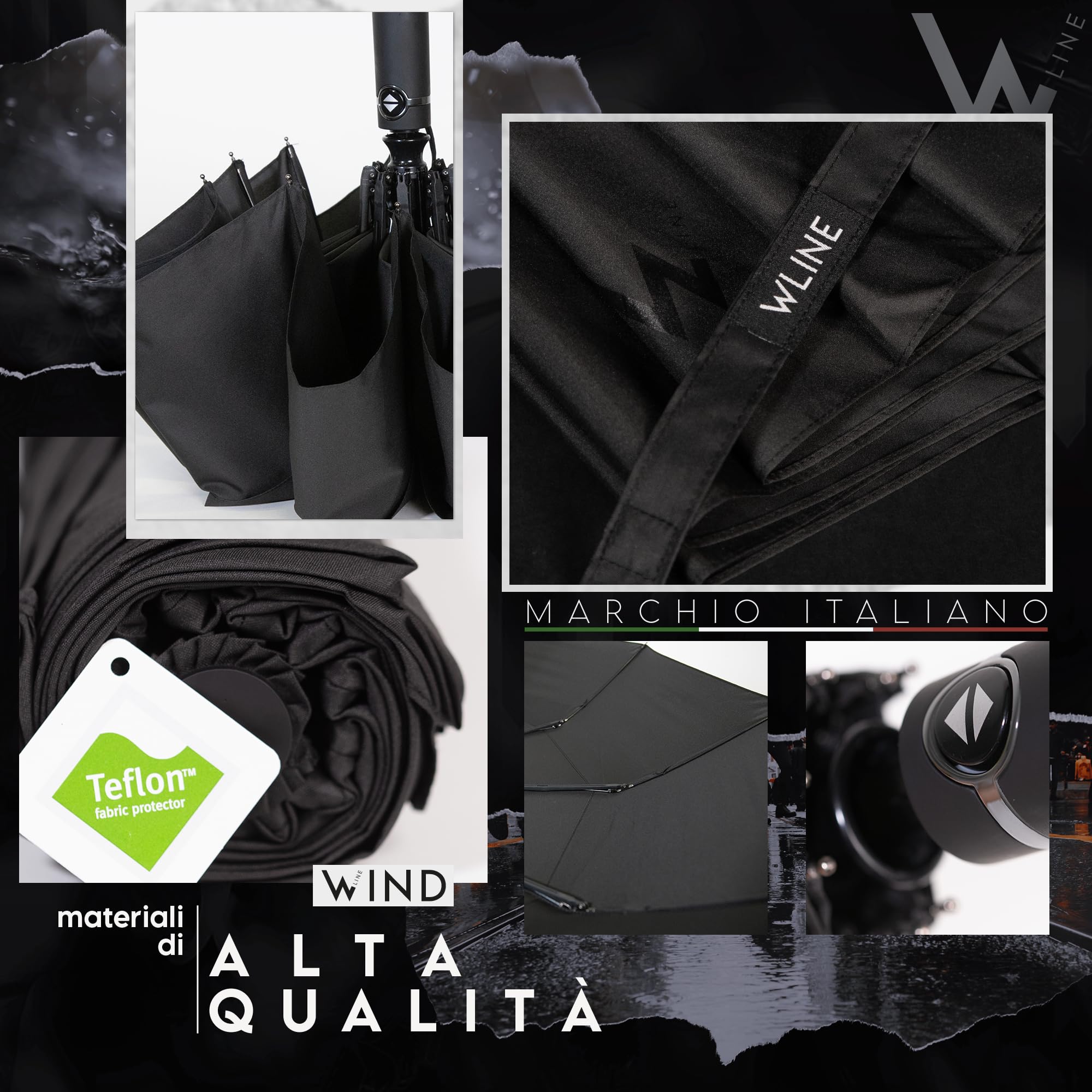 WLine Wind Ombrello Pieghevole Antivento da Pioggia con 10 Aste Rinforzate e Tela Idrorepellente 210T - Ombrello Portatile Resistente Apri e Chiudi Automatico, Diametro 104cm (Nero con Custodia)
