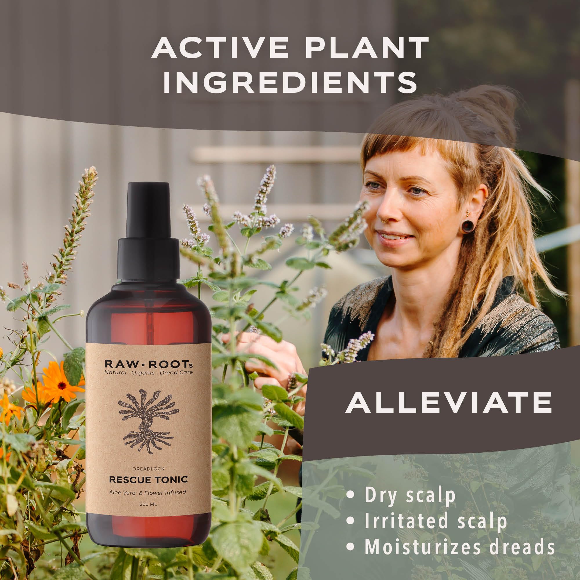 RAW ROOTs Rescue Tonic 200ml | Spray Naturel Rafraîchissant pour Dreadlocks Secs, Cuir Chevelu Irrité et Peaux Sèches | Spray Polyvalent sans Sulfates, Silicone ni Parabènes