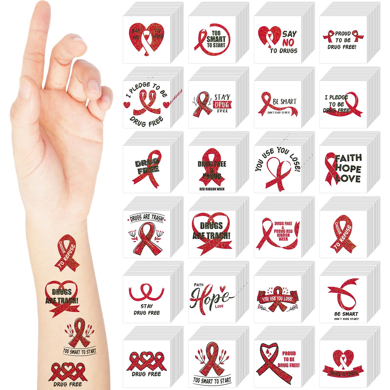Landhoow 240 Pcs Red Ribbon Week Tattoos, 24 Designs 240 Red Ribbon Week