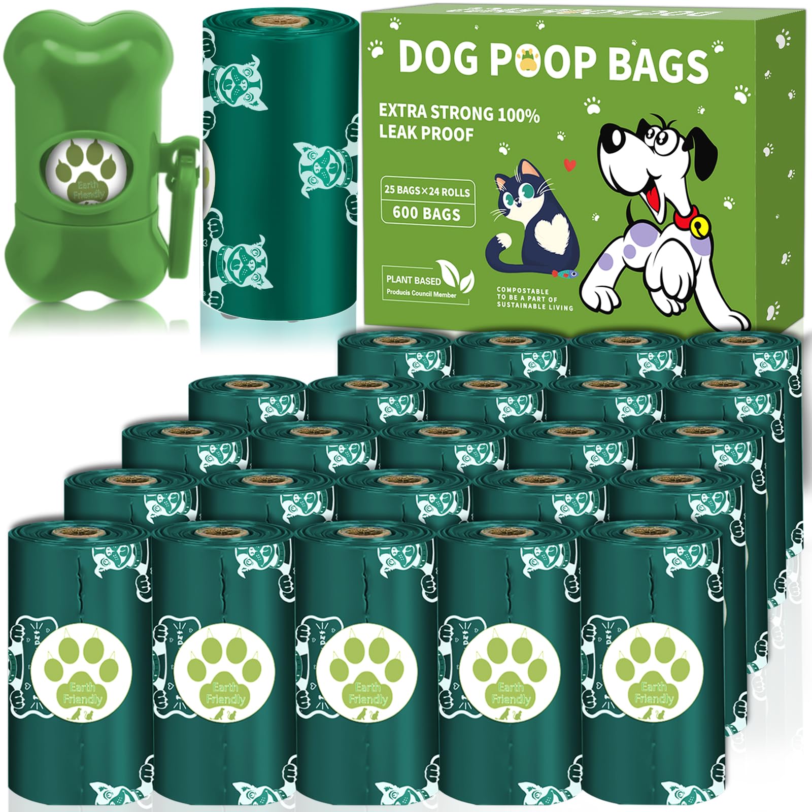 JEDWKFA 600 Unidad Bolsas para Excrementos de Perro, 24 Rollos, Extra Grueso,Fuerte y a Prueba de Fugas, con dispensador y clip para correa, Bolsas perfumadas para cacas de perro,verde oscuro