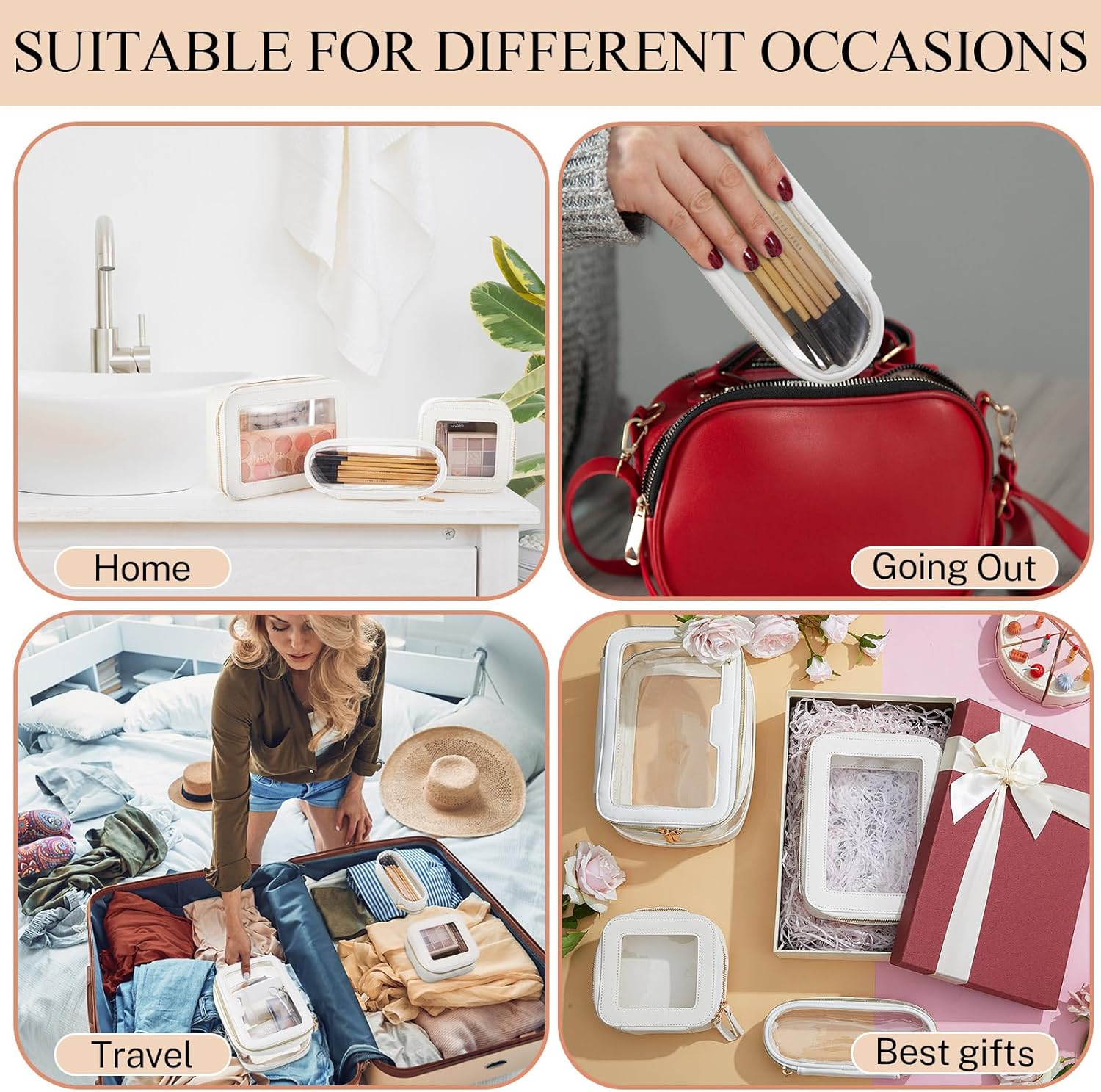 4 Pcs Leather Clear Makeup Bags Set for Women Travel Clear Cosmetic Case Toiletry Bags with Zipper Makeup Brush Case Waterproof Organizer Storage for Women Men Travel Accessories, 4 Sizes(White) - Image 5