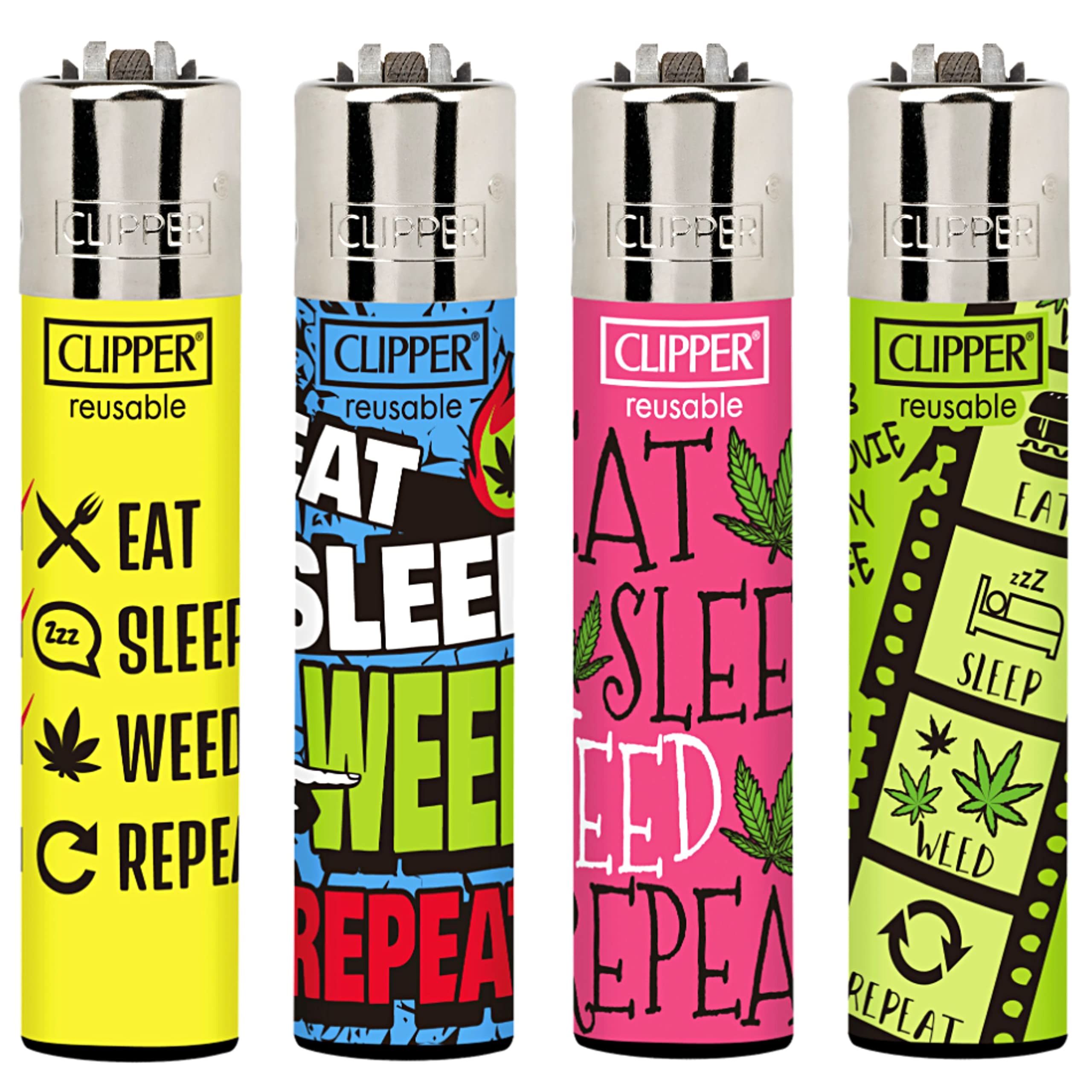 Zactly - Set of 4 Clipper Lighters, Various Assorted Designs, Regular Size Slogan Herb Leaf Weed Leaves Gas Refillable Flint Lighter (Leaves World 3)