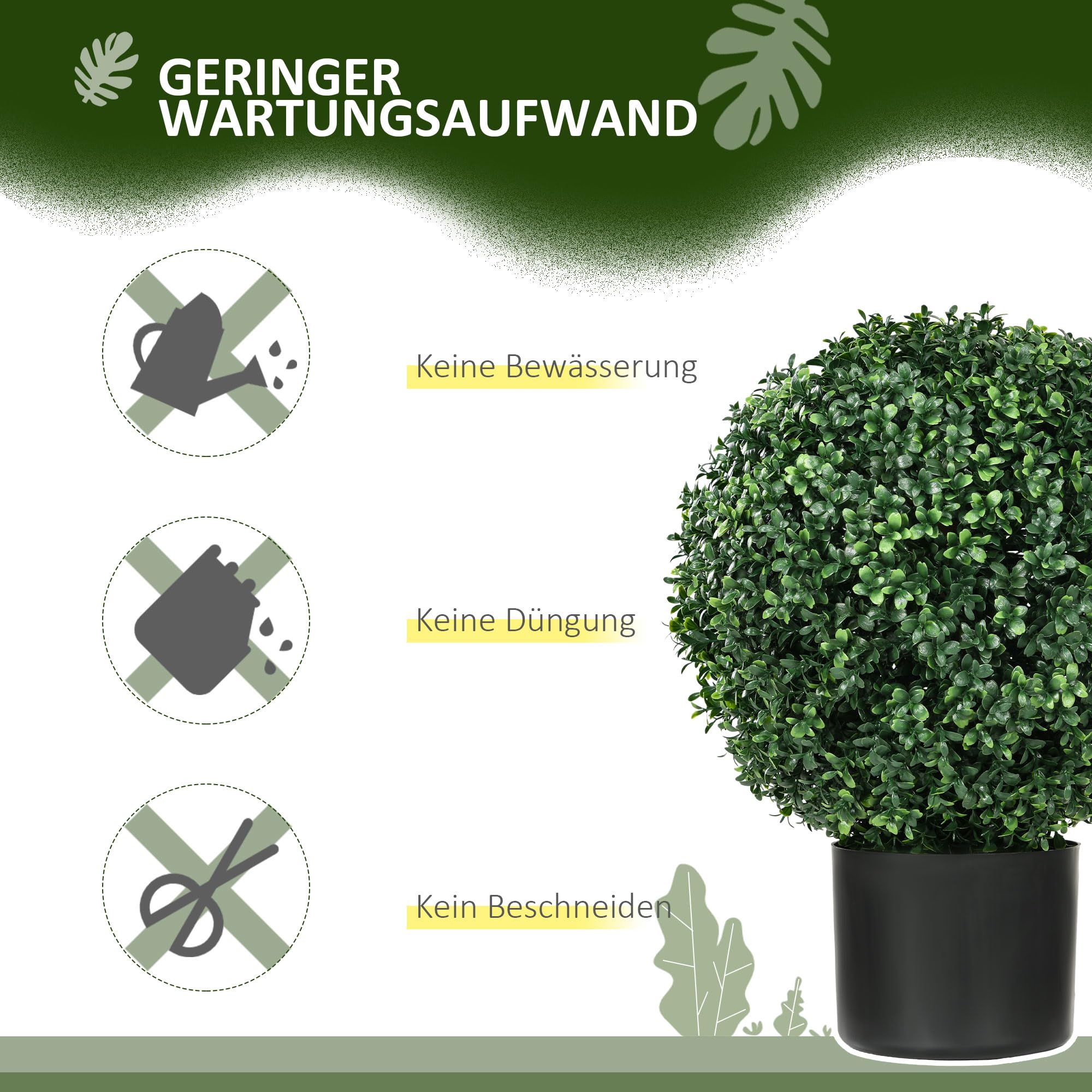 HOMCOM 2er Set Künstliche Buchsbaum 52cm Kunstpflanze mit UV Schutz | Runde Fake Plant Buchsbaum im Topf, Künstliche Pflanzen wie Echt, für Wohnzimmer Schlafzimmer Büro Deko