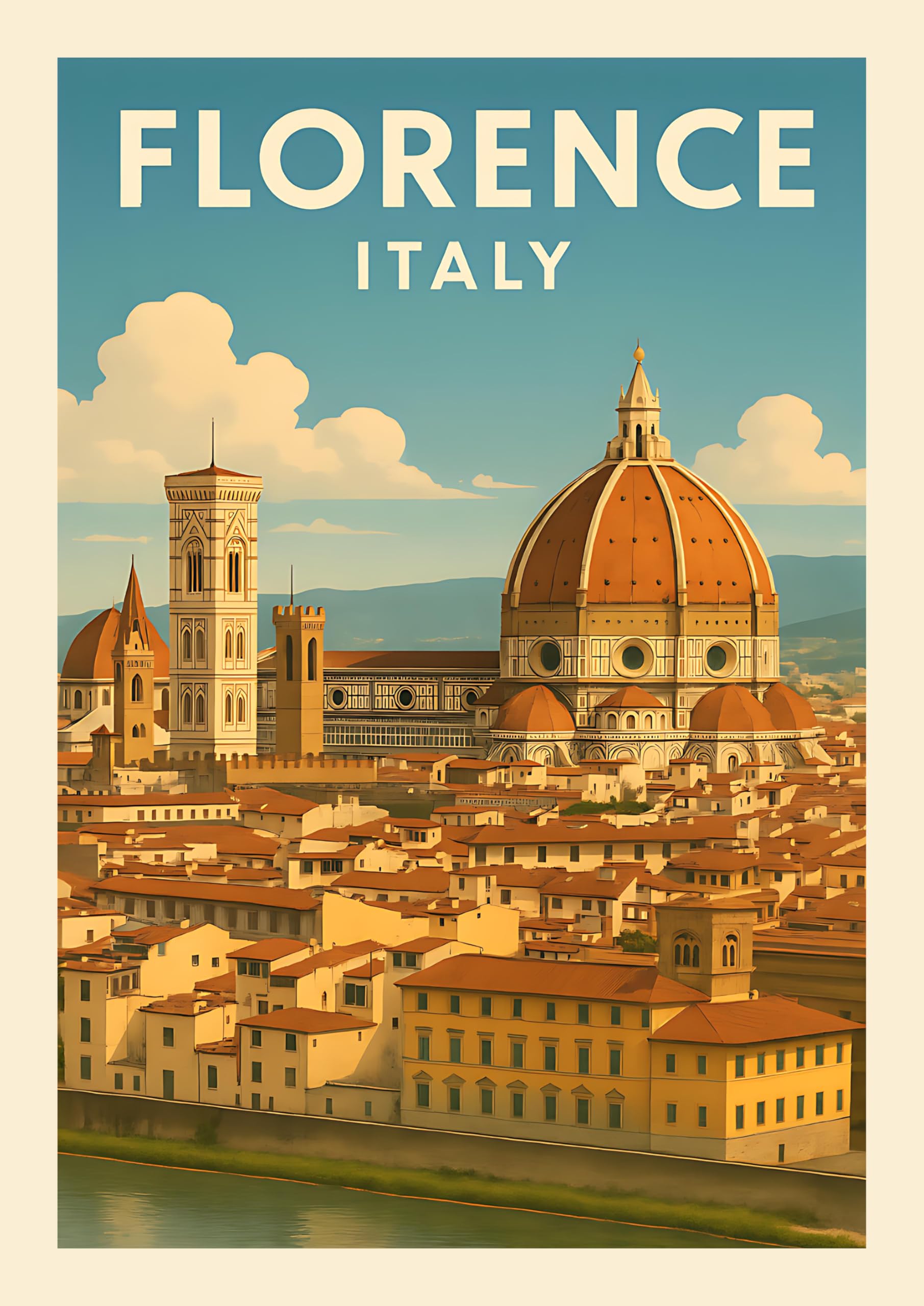 Florence Italy Vintage Travel Art Print, Cathedral Duomo Cityscape, Retro Italian Wall Decor. Size A4