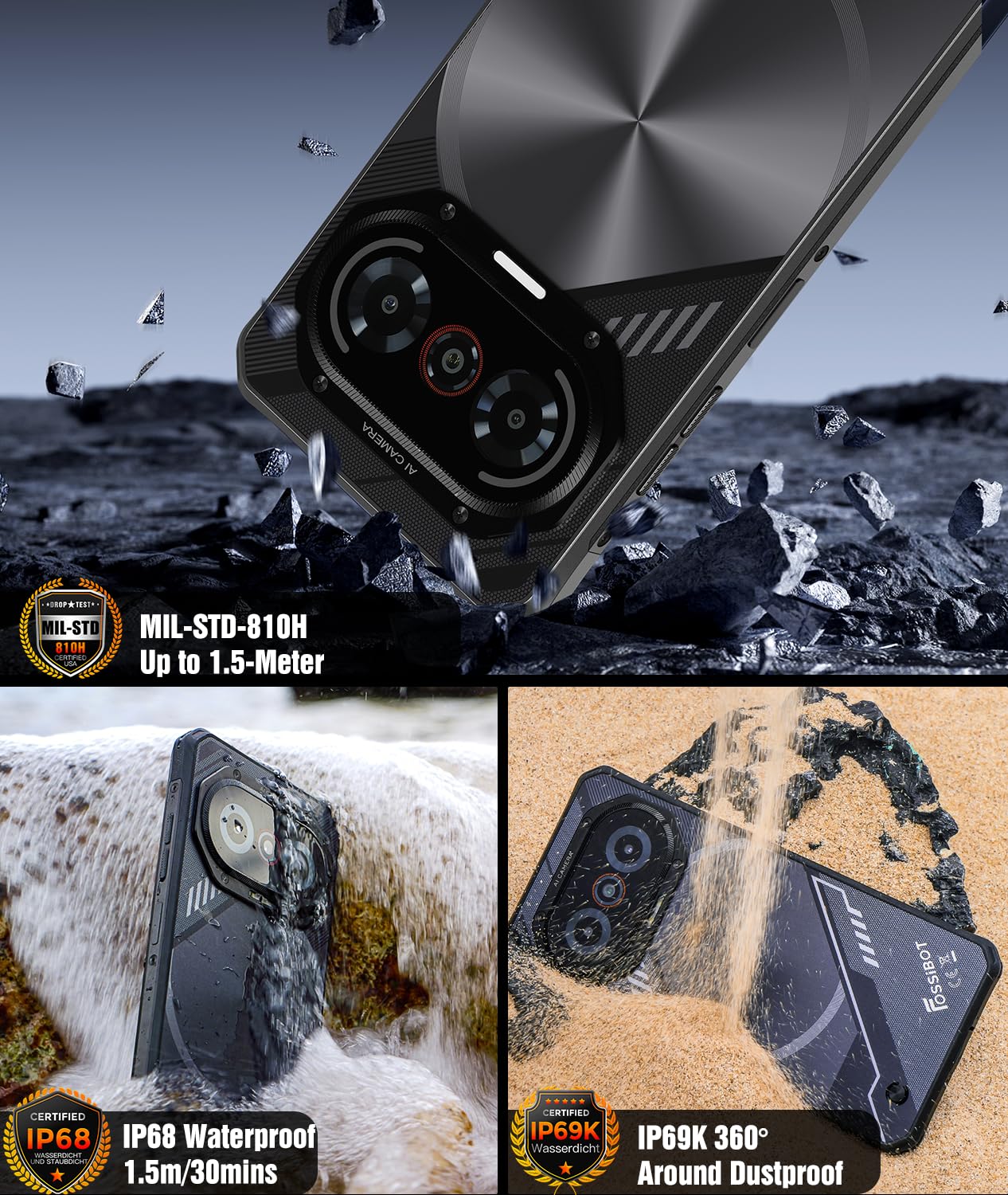 FOSSiBOT F114-120 Hz+6.67" Corning Glass Outdoor Handy Android 15, 16GB+128GB/2TB Ultra-Dünn 10.8 mm Outdoor Smartphone Ohne Vertrag,50MP Ai Kamera, 5000mAh, Gemini AI,NFC/IP68/IP69K,Dual SIM 4G