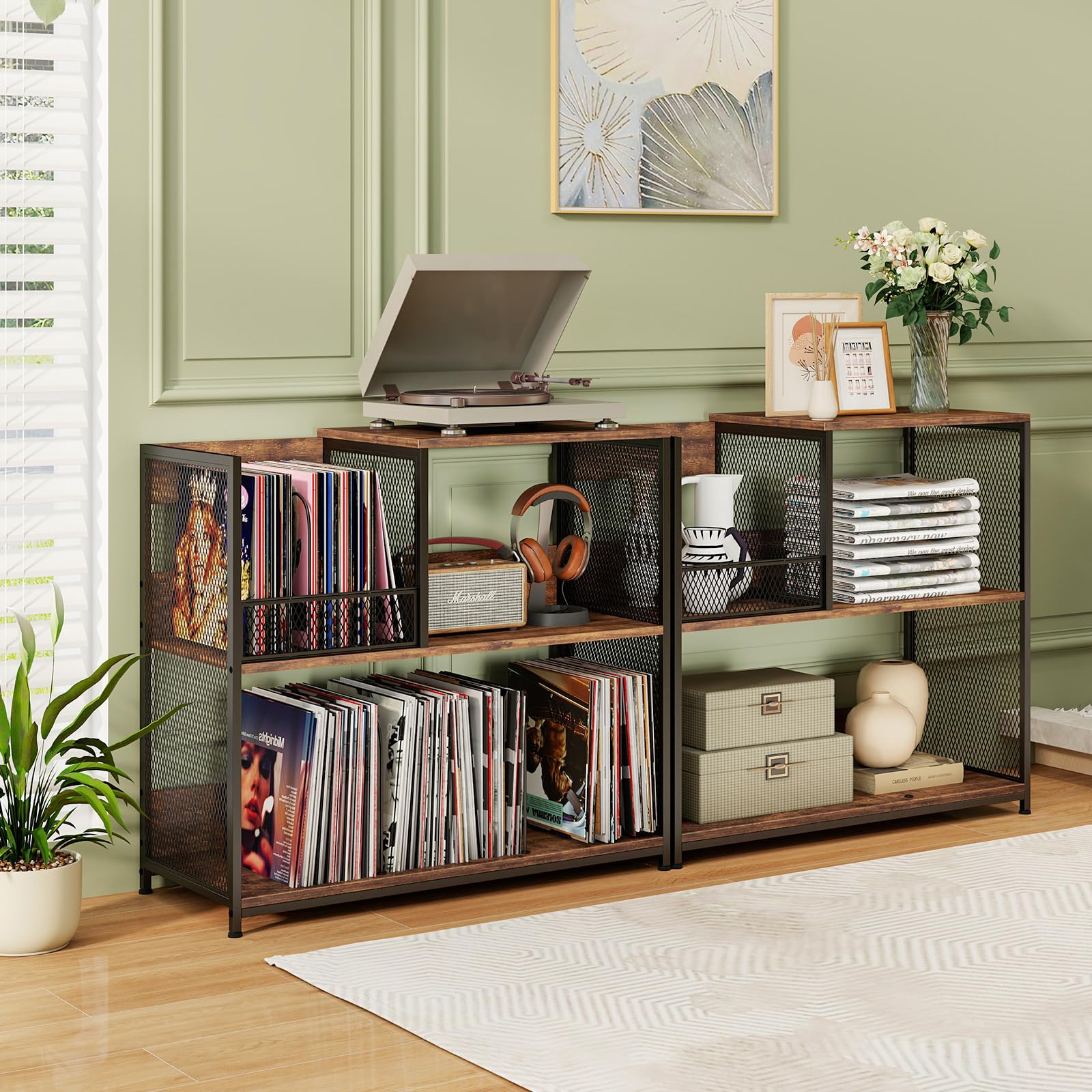 GIANTEX Support pour Tourne-Disques 3 Niveaux, Presentoir Disque Vinyle pour 300 Albums, 3 Diviseurs Amovibles, Rangement pour Albums, Cadre en Métal, Bibliothèque pour Salon, Studio, Bureau (Marron)