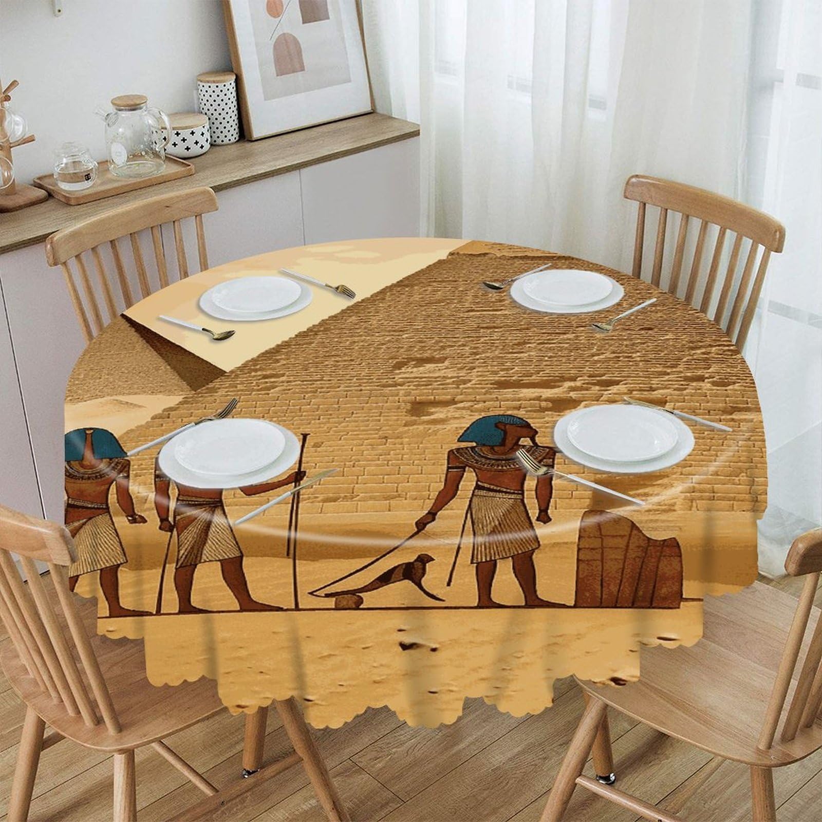 VstaDank Ancient Egyptians Round Tablecloth 60 Inch Easy to Clean Circle Table Cover Thick Decorative Round Polyester Table Cloth for Dining Kitchen Party Farmhouse Outdoor