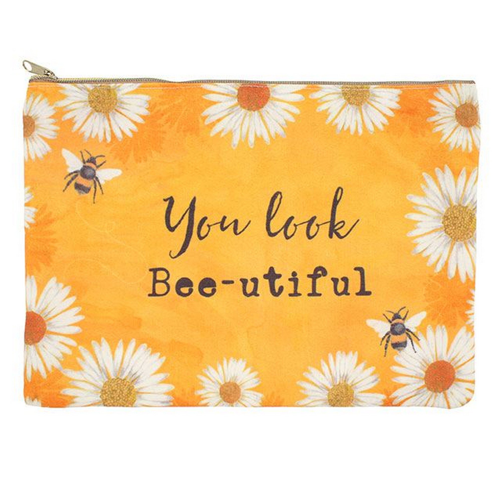 Vibrant Yellow Polyurethane "You Look Bee-utiful" Travel Makeup Pouch, 17cm x 23.5 cm (1 Pc.), Spacious & Unique Design