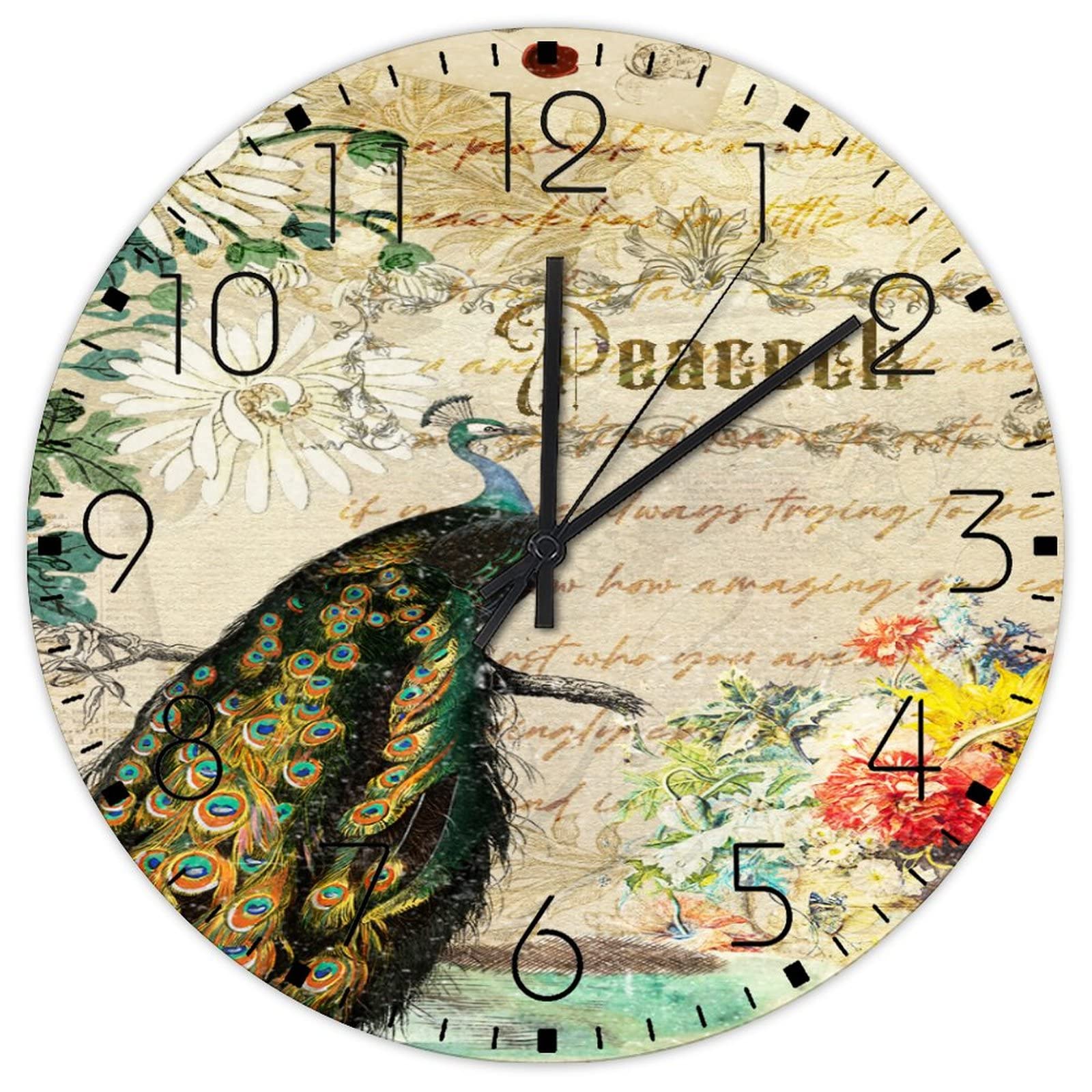 Horloge murale en bois de qualite superieure au motif de paon floral retro
