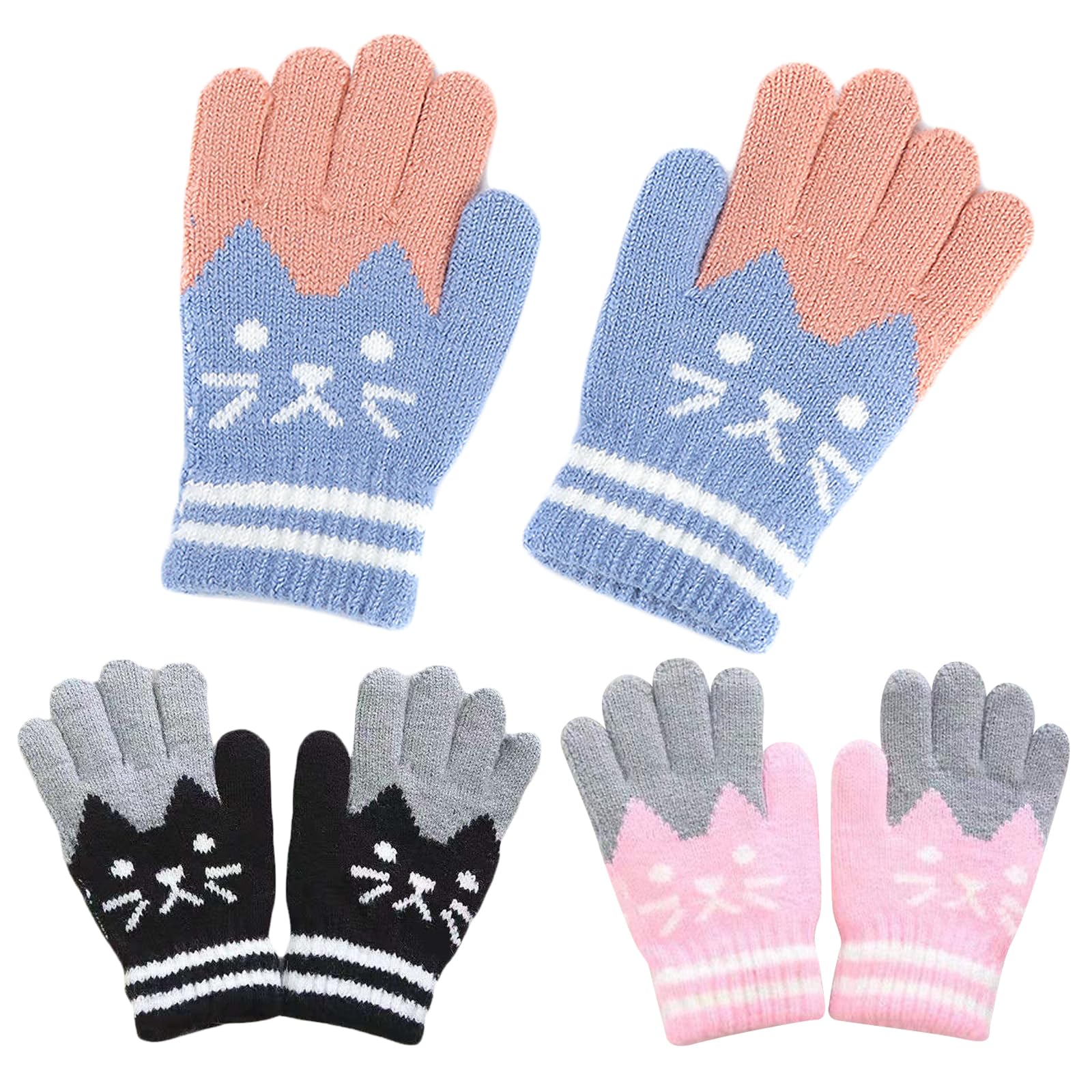 DKDDSSS 3 Paia Guanti In Maglia Elasticizzata Per Bambini, In Pile Caldi Invernali, Modello Gattino, Per Ragazzi E Ragazze 3-8 Anni - 10