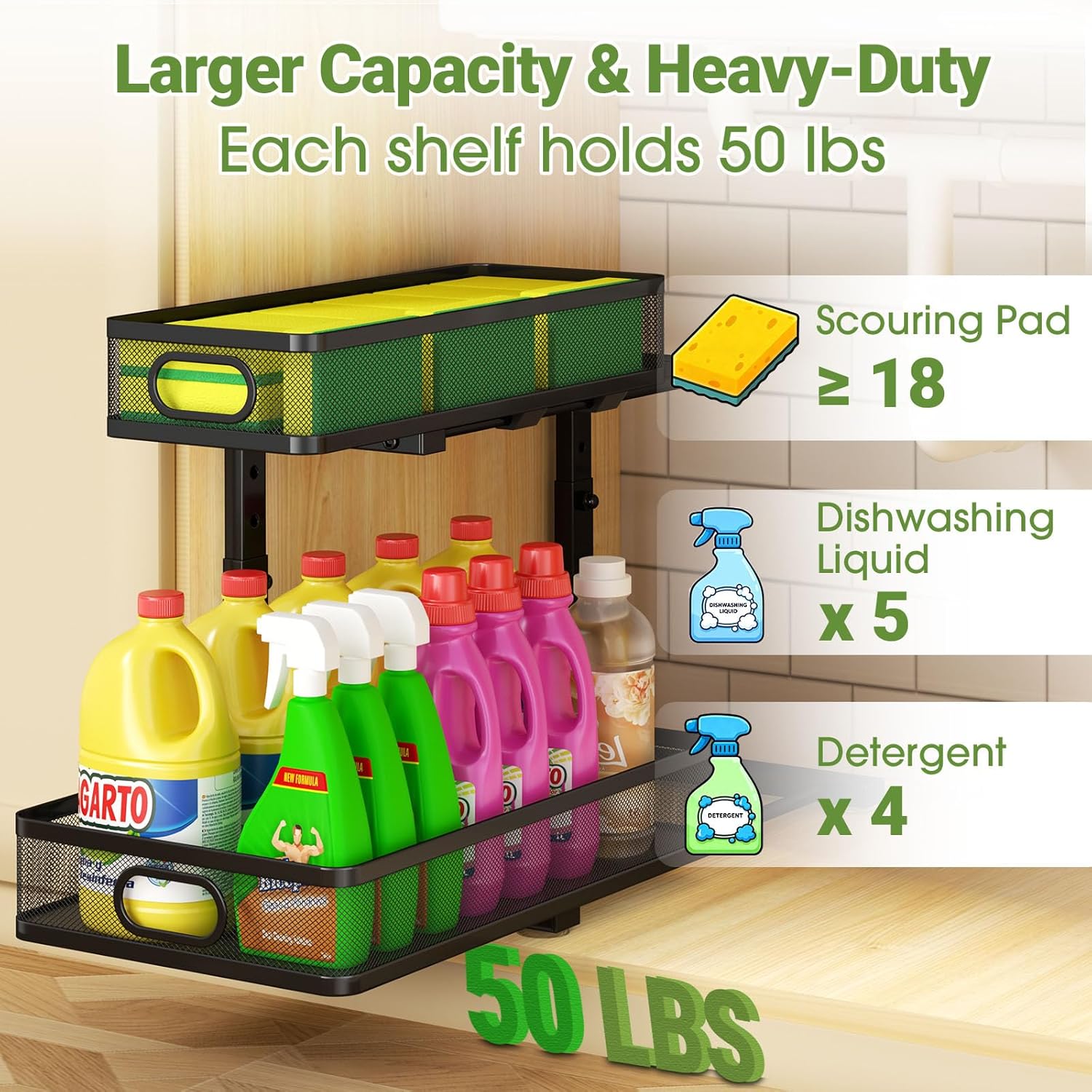 Under Sink Organizer 2-Pack, Metal 2-Tier Pull-Out Cabinet Shelf with Slide-Out Mesh Drawers, Height Adjustable, Space-Saving Under Sink Storage Racks for Kitchen, Bathroom, Laundry Room - Image 4