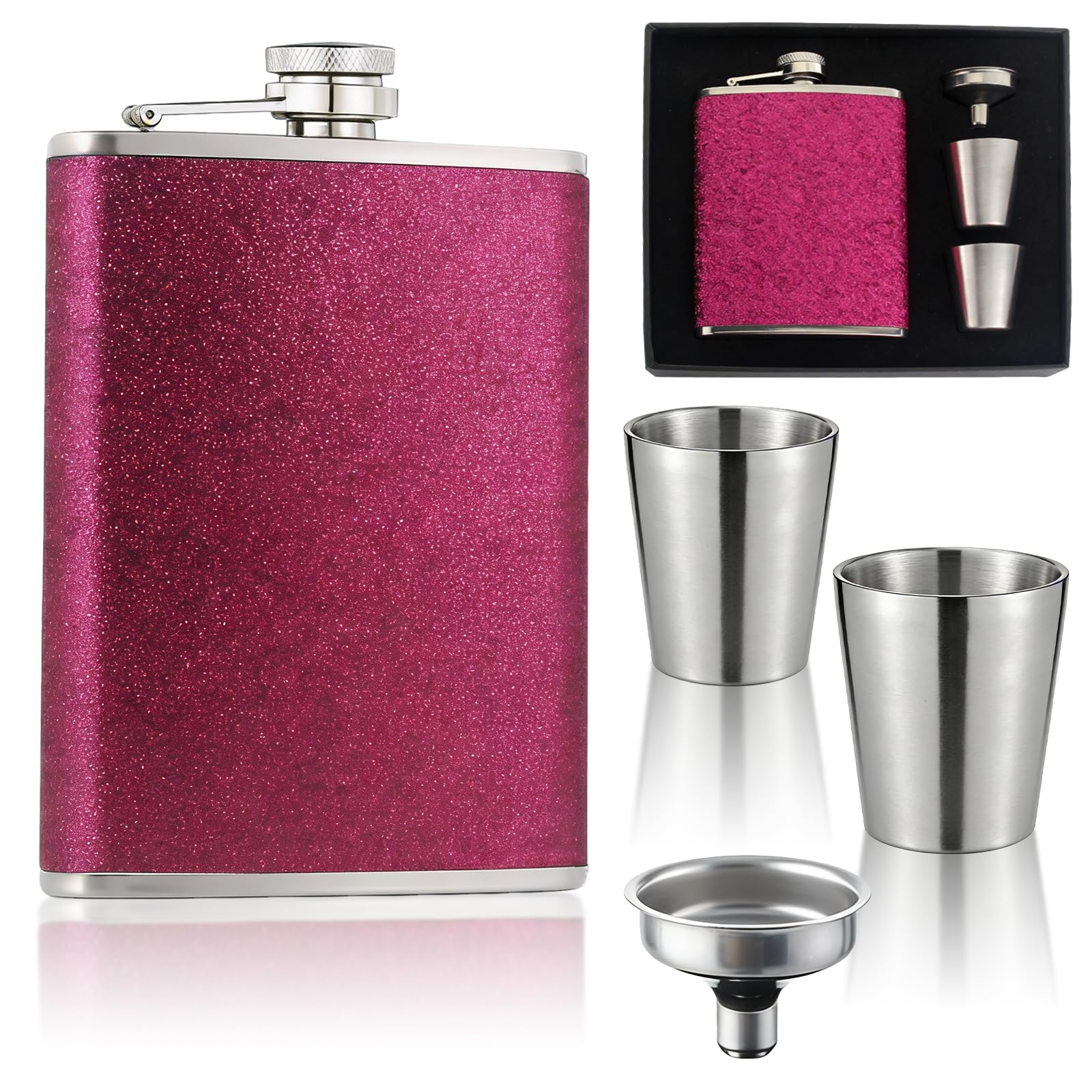 Hip Flask for Liquor, Hip Flask 8Oz with 2 Small Cup and 1 Funnel, 304 Stainless Steel Portable Whiskey Flasks for Whiskey Or Other Alcoholic Beverages (Pink) — image 1