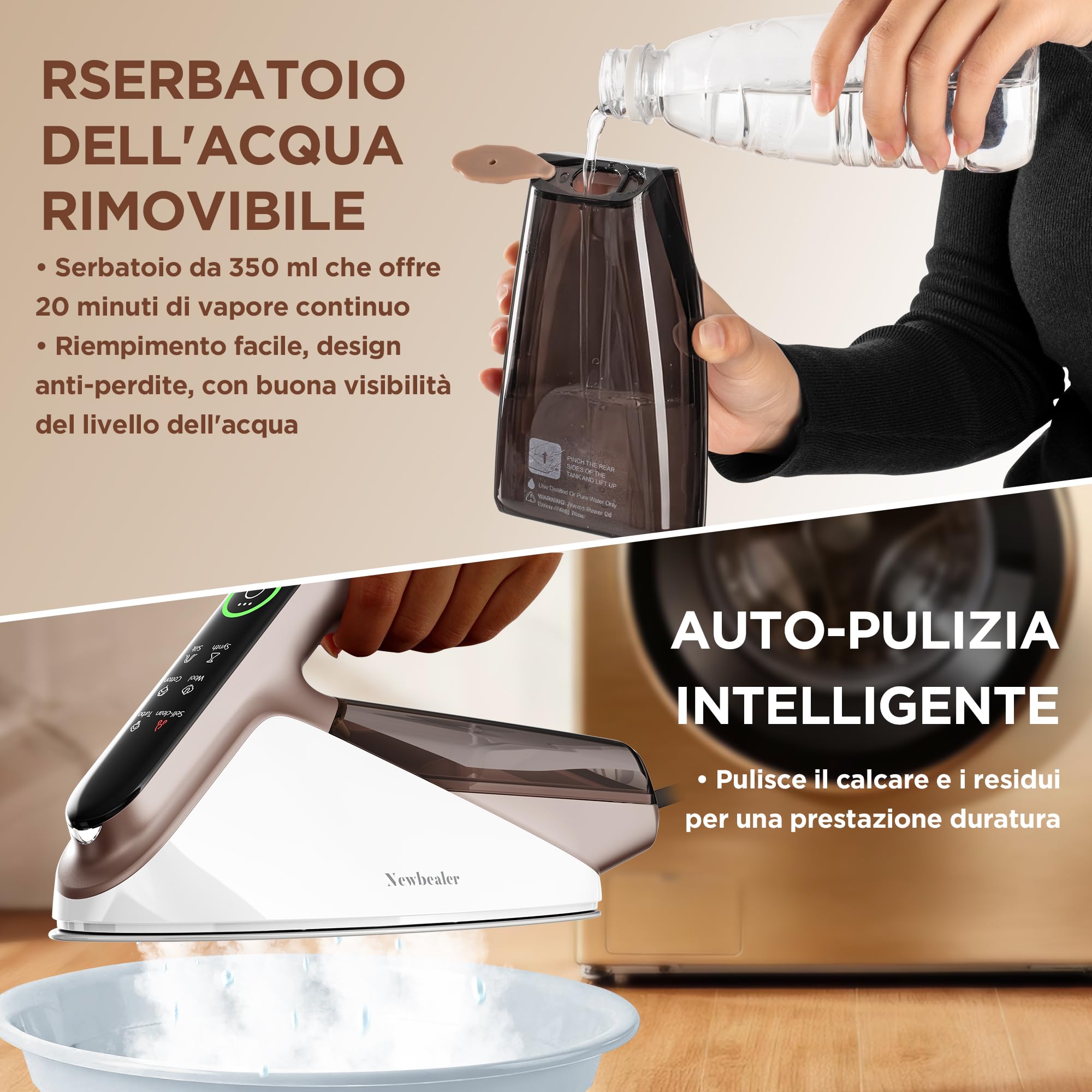 Newbealer Ferro da Stiro a Vapore, 4 Impostazioni della Temperatura | Colpo di Vapore 200 g, Serbatoio Rimovibile da 350 ml, 20s Riscaldamento rapido, Autopulente Autospegnimento, Oro