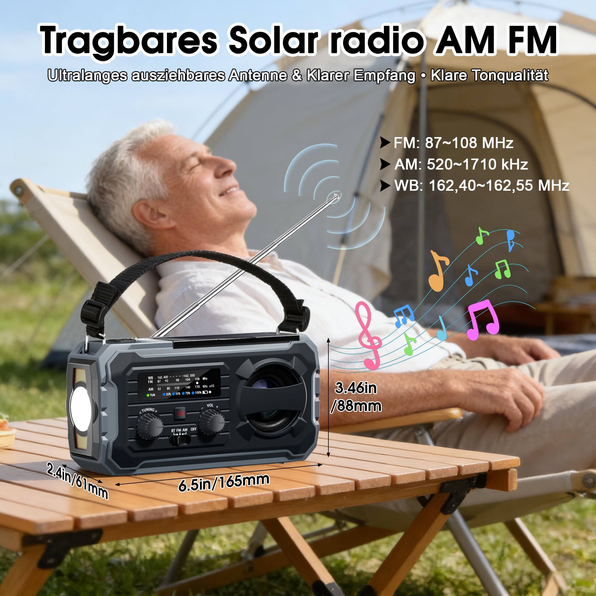FIVAVA Radio de manivela, radio solar portátil con AM/FM, banco de energía de 10000 mAh, radio de emergencia con alarma SOS, linterna LED, generador de manivela y puerto USB para camping, ourdoor