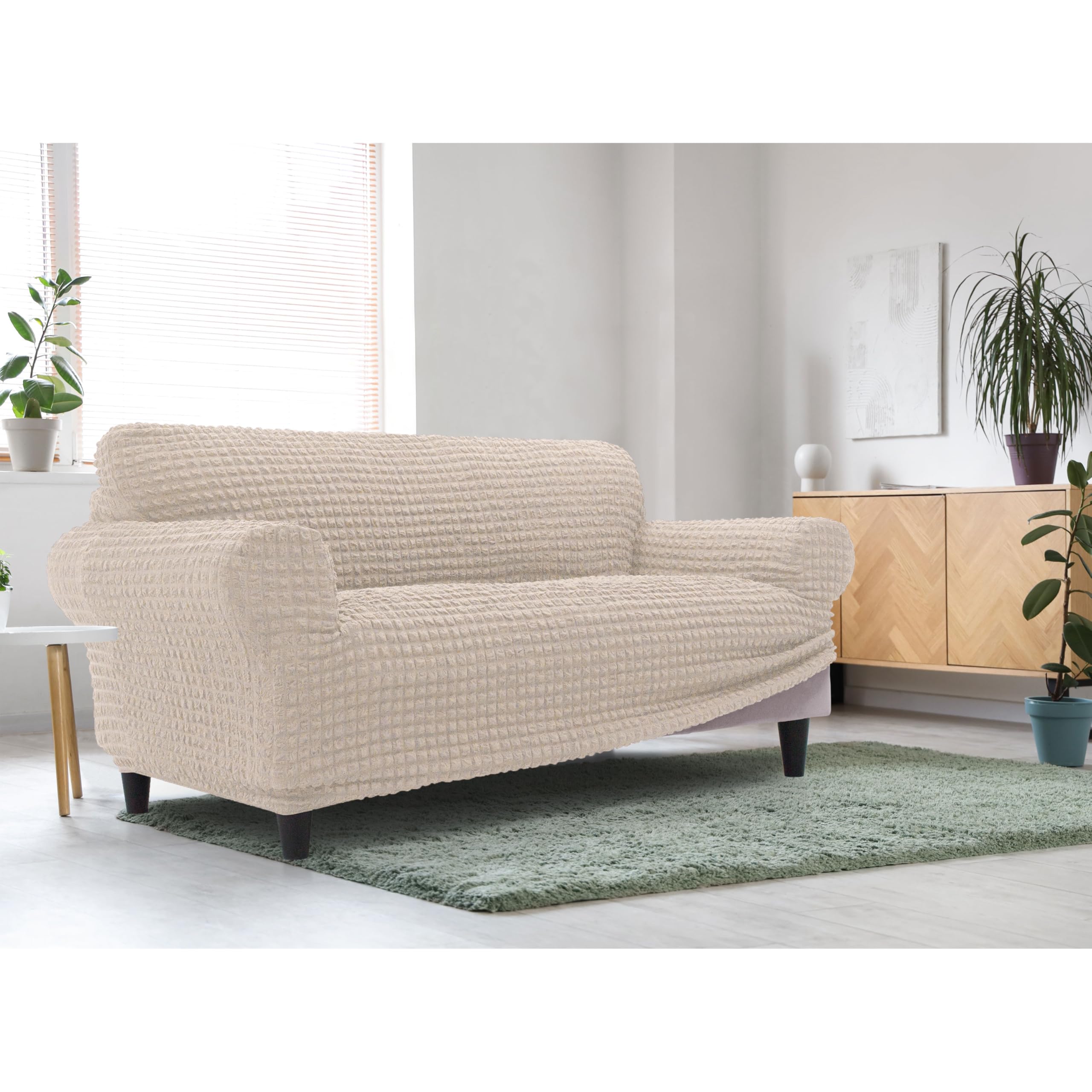 FAVERTI® Funda Sofá 3 plazas Súper Elástica de 180 a 230 cm | Modelo BUFALI | Beige | Funda Ideal para Cualquier Forma de sofá | Protector de Calidad de Tejido Jacquard 3D Tacto algodón