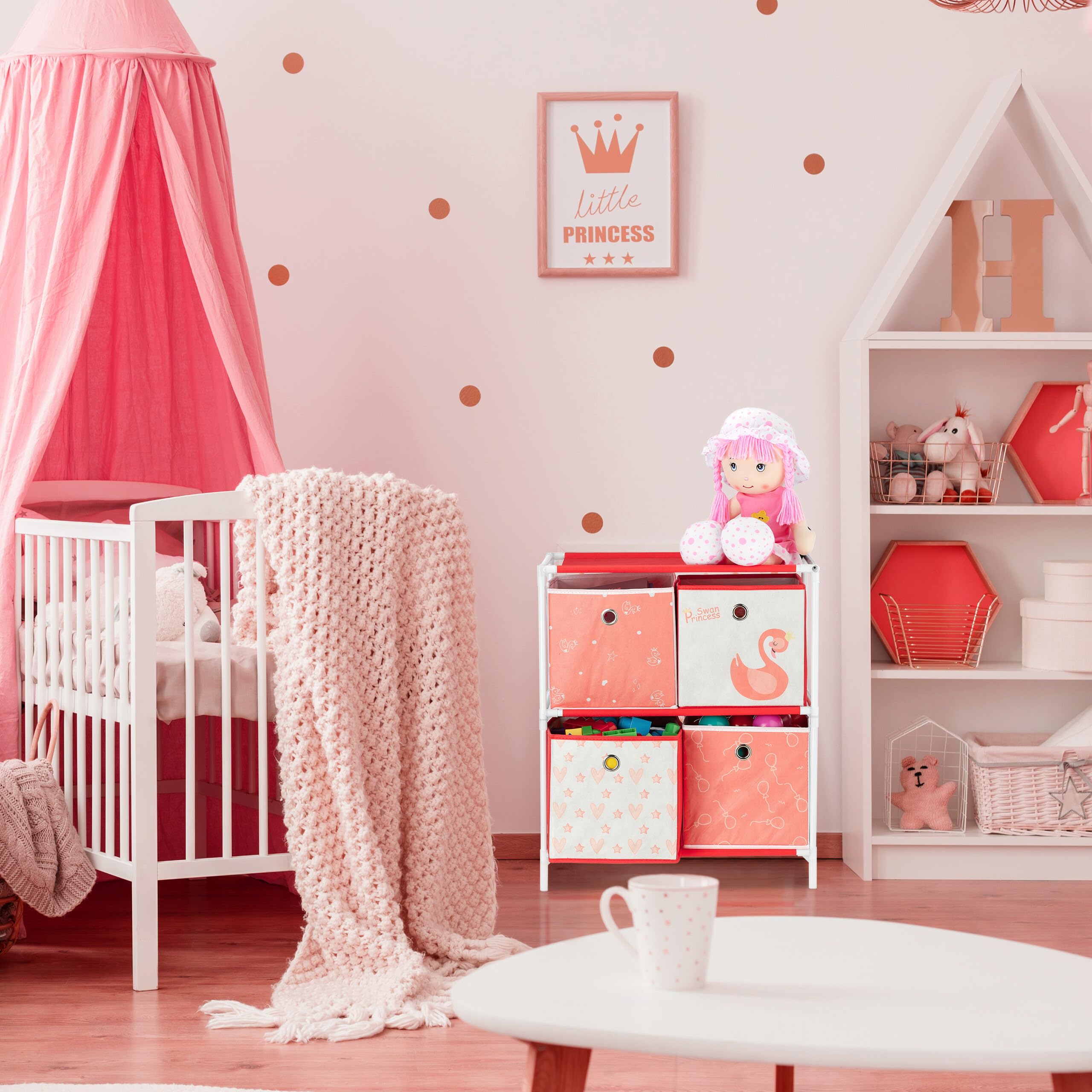 Relaxdays Scaffale per Giocattoli con 3 Scatole, Bambini Bambine Design Swan Princess HBT 89x27,5x30 cm, Bianco/Rosso