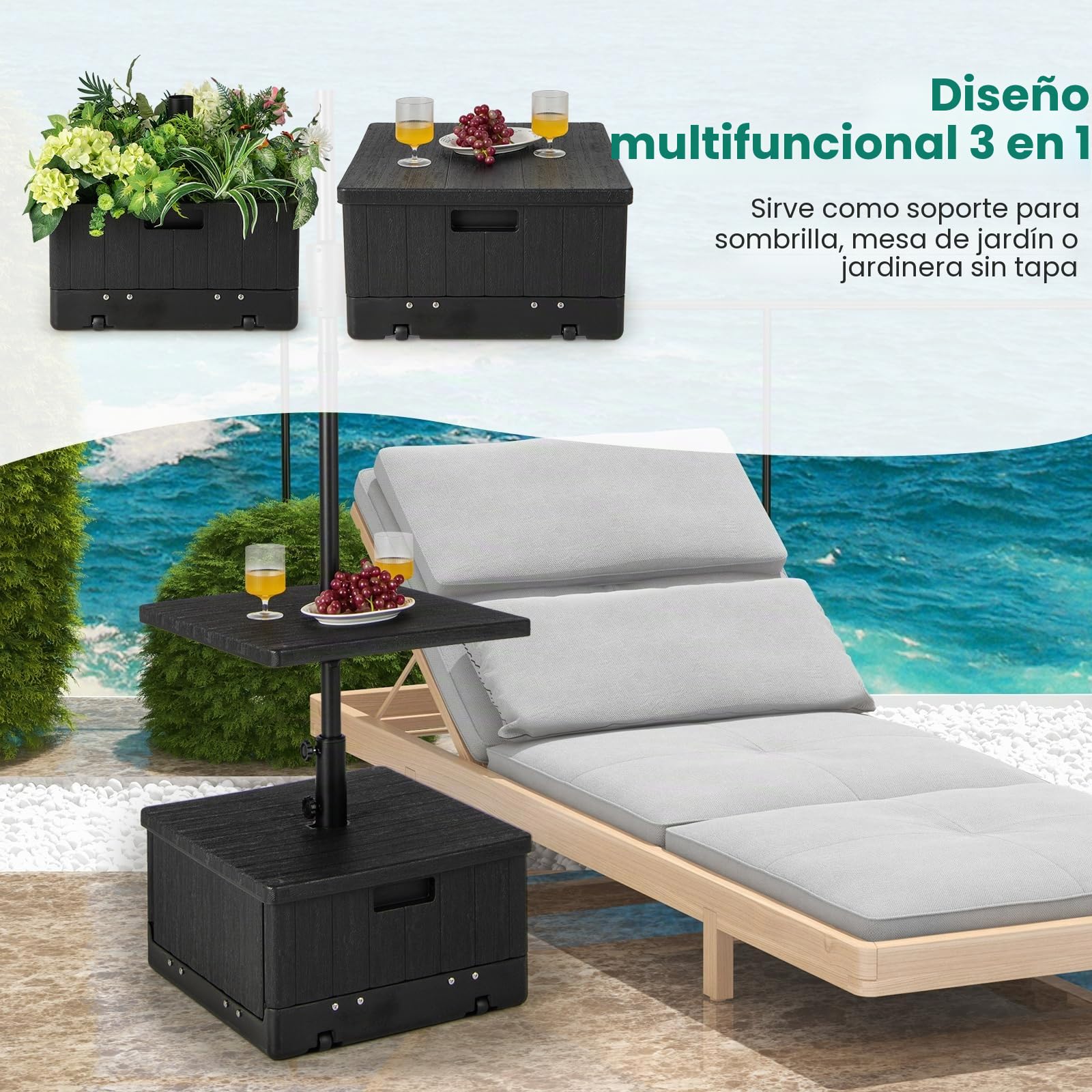 RELAX4LIFE 3 en 1 Soporte para Sombrilla Rellenable con Ruedas y Mesa Auxiliar, Base Sombrilla HDPE con Asas y Bolsa de Peso para Postes de Sombrilla 38/48 mm para Terraza/Piscina/Jardín (Negro)