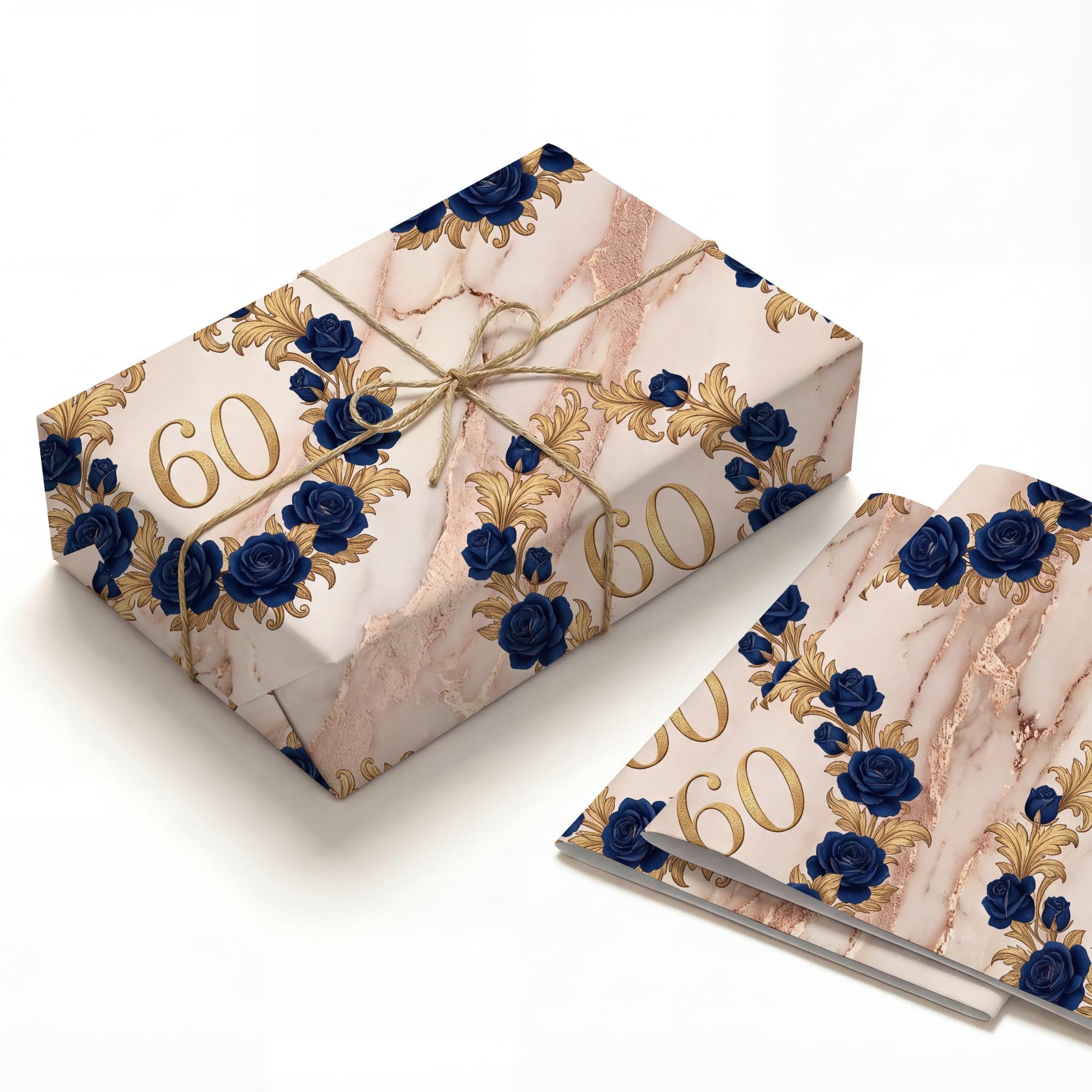 Navy Blue Rose Gold Marble Birthday Wrapping Paper Folded Sheets, 120GSM Thick Kraft Wrapping Paper for Women, Elegant 60th Floral Print Present Packaging for Wife Mom, 2 Pack