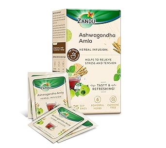 Zandu Ashwagandha Amla Ayurvedic Infusion, a Herbal Tea Enriched with 6 Ayurvedic Ingredients (25 Tea Bags) - image, photos
