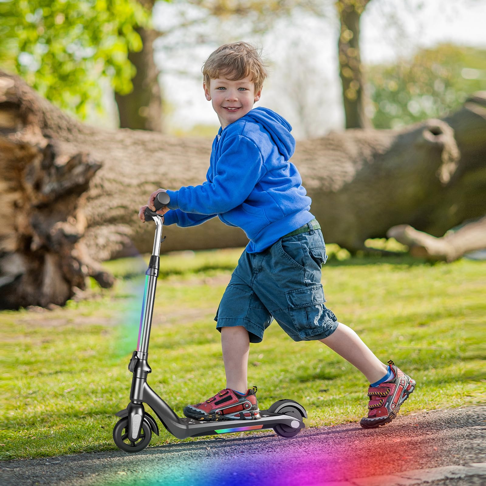Trottinette électrique pour Enfants avec Lumières LED, Amortisseurs à Double Ressort, Moteur 130W, Vitesse Max 14 km/h