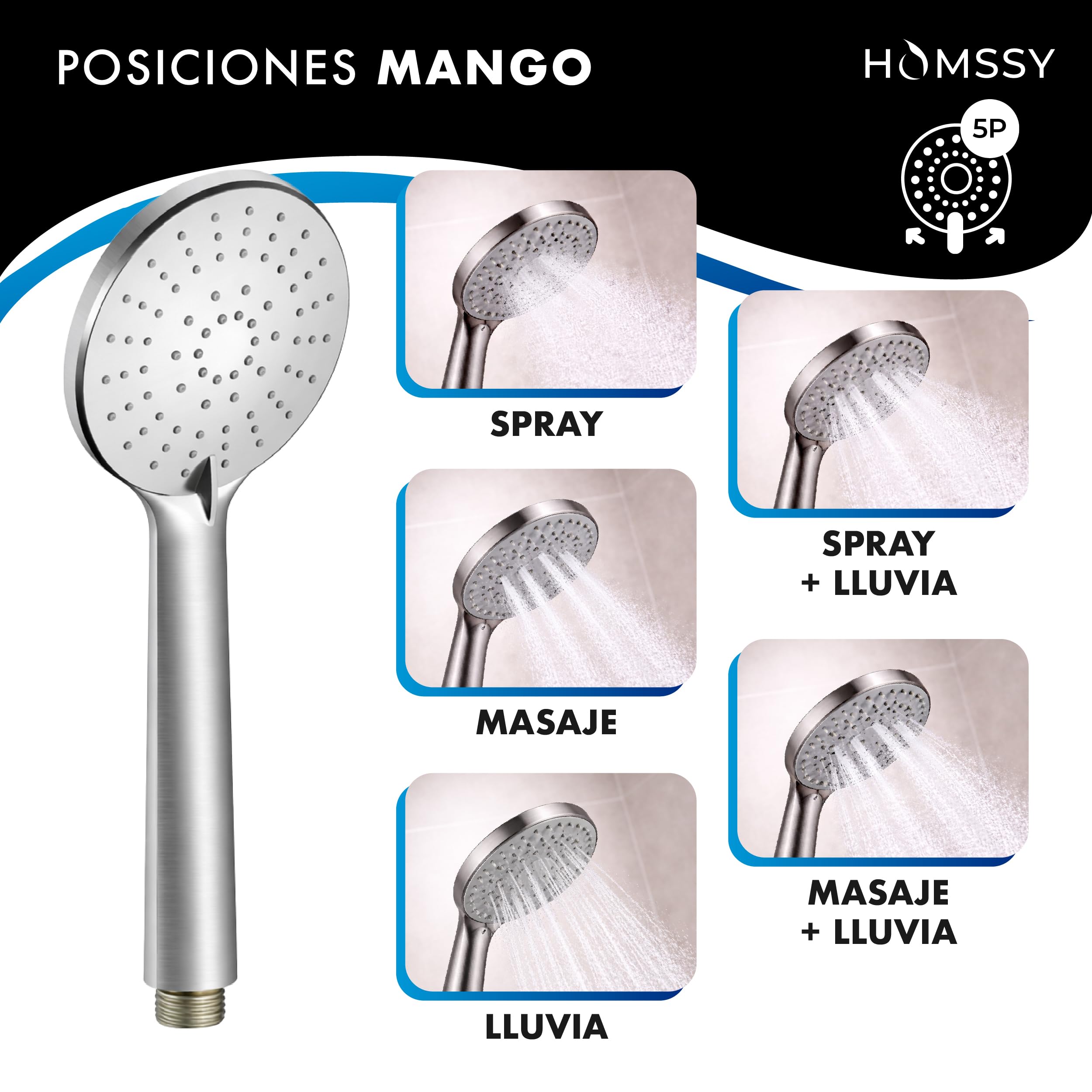 Grifo Ducha Monomando Inox Cepillado – Set Completo con Mango, Flexo 1,75 m y Soporte, Acero Inoxidable, Cartucho Cerámico, Instalación Estándar 1/2"