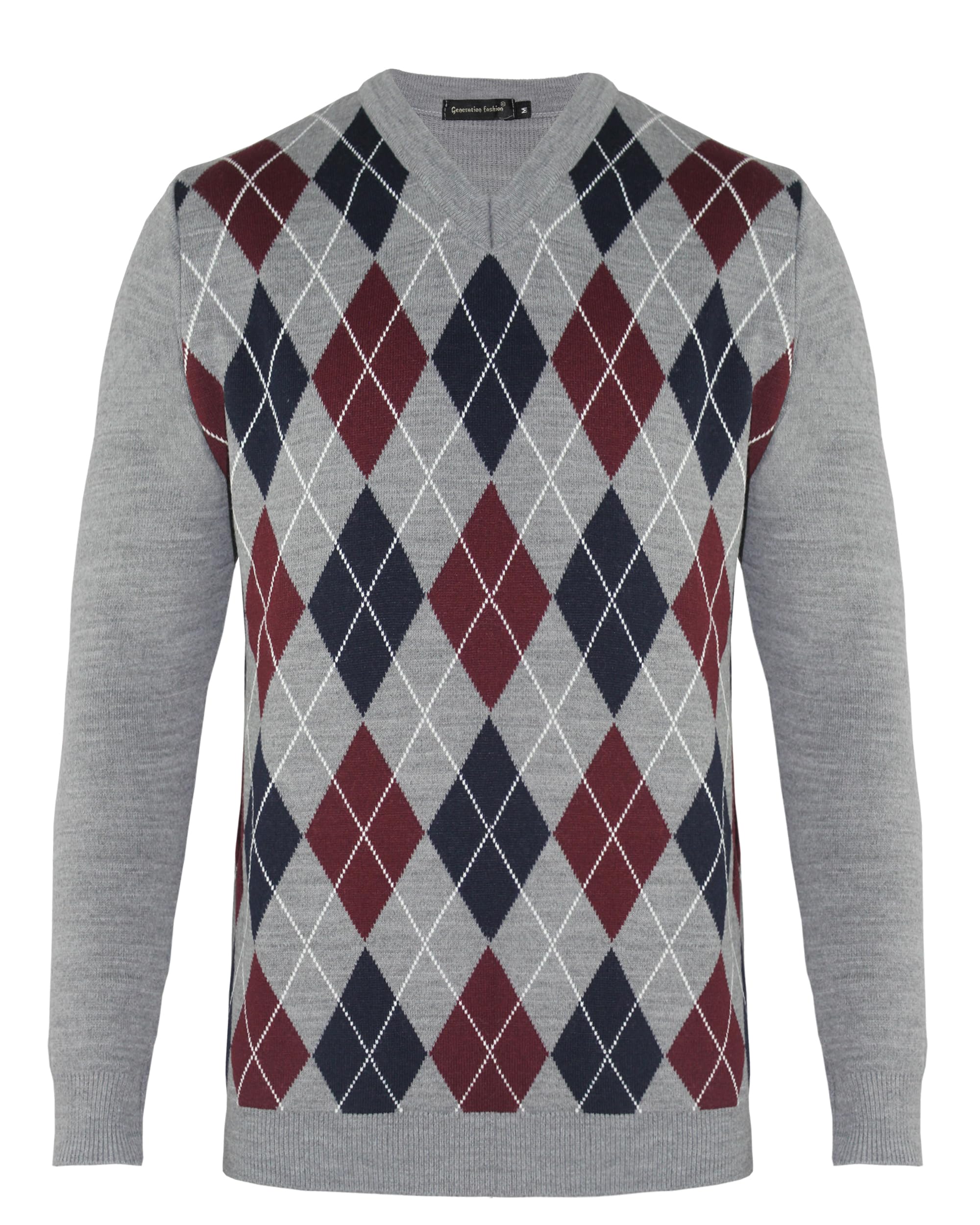 Generation Fashion New Men Knitted Long Sleeve V-Neck Argyle Pattern Jumper Top Sweater with Ribbed Edge S-XXL[M-Grey-Wine,M ]