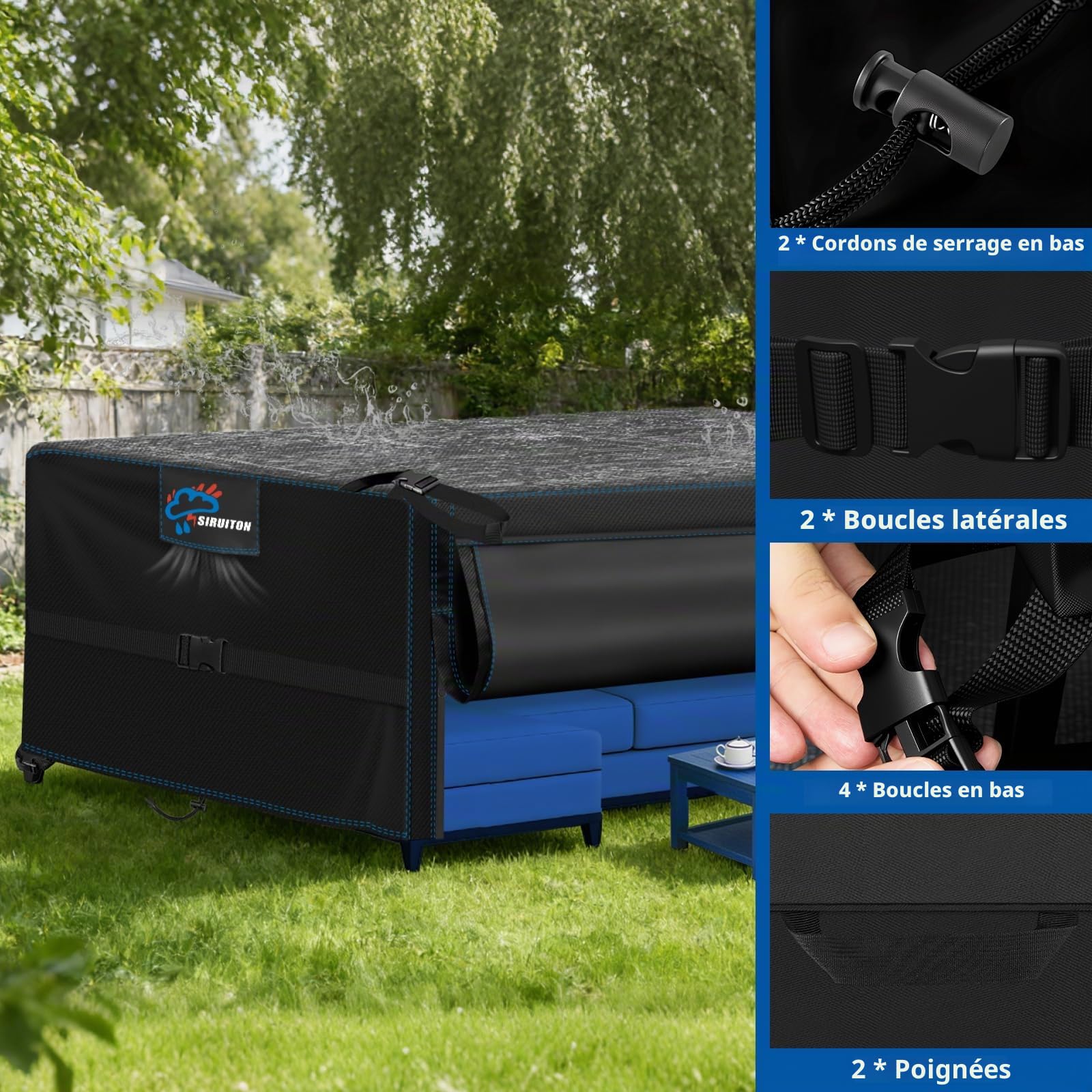 SIRUITON Housse de Meubles de Jardin imperméable et indéchirable 500D avec Fermeture éclair,résistante au Vent et aux UV - 220x120x74cm