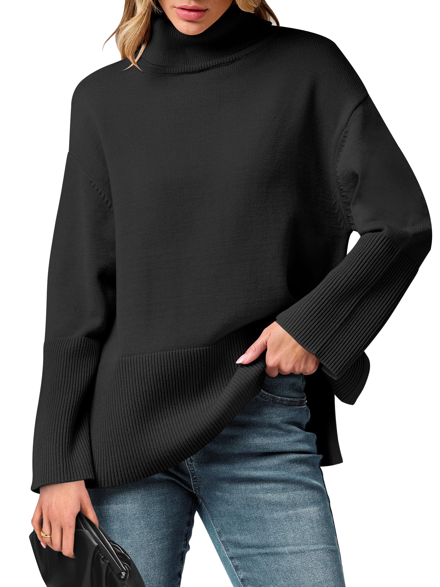 ANRABESS Womens Oversized Turtleneck Knit Pullover Sweater Black