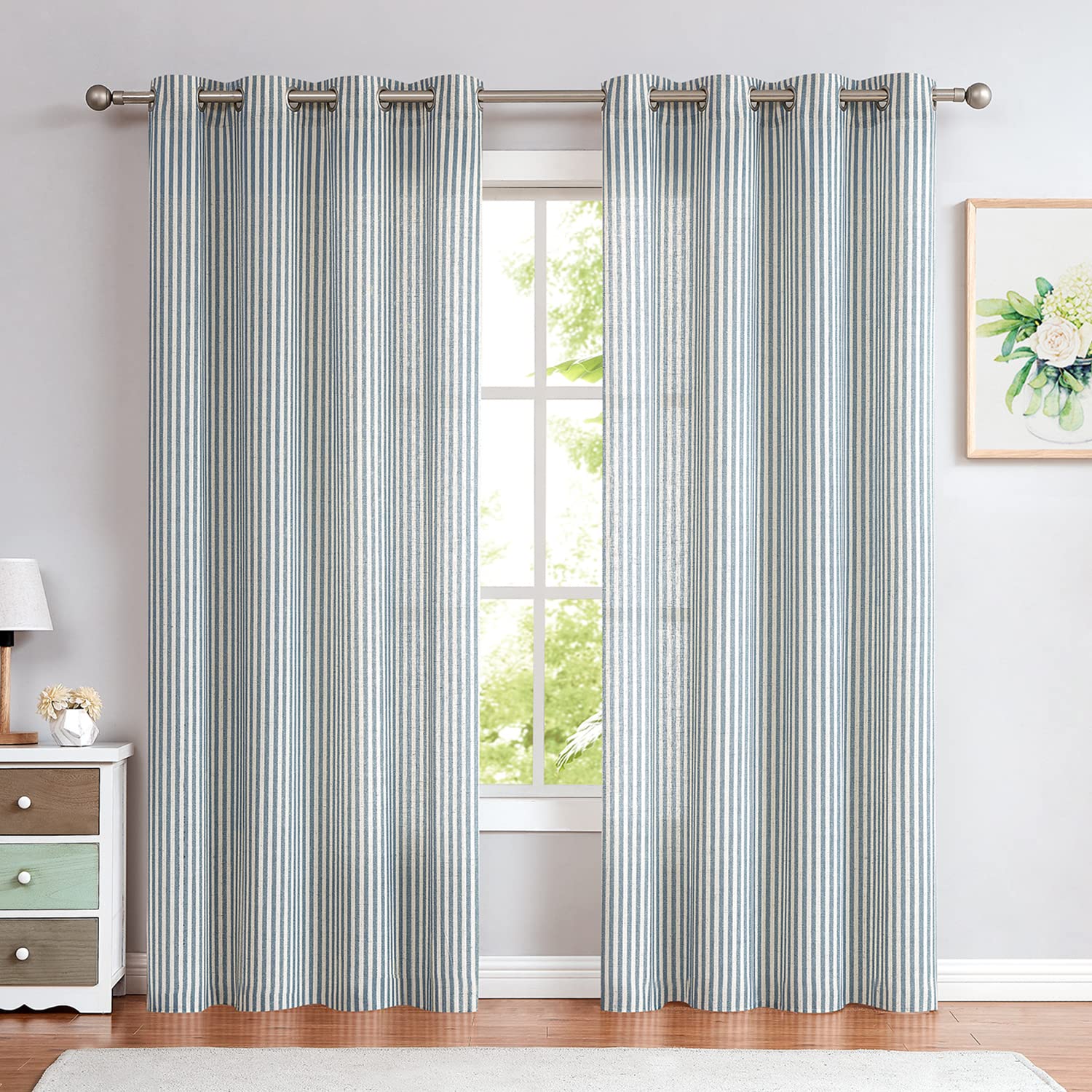 jinchan Linen Curtains for Living Room Blue Striped Curtains for Bedroom Ticking Stripe Pattern Curtains Light Filtering Pinstripe Window Treatment 2 Panels 84 inches Long