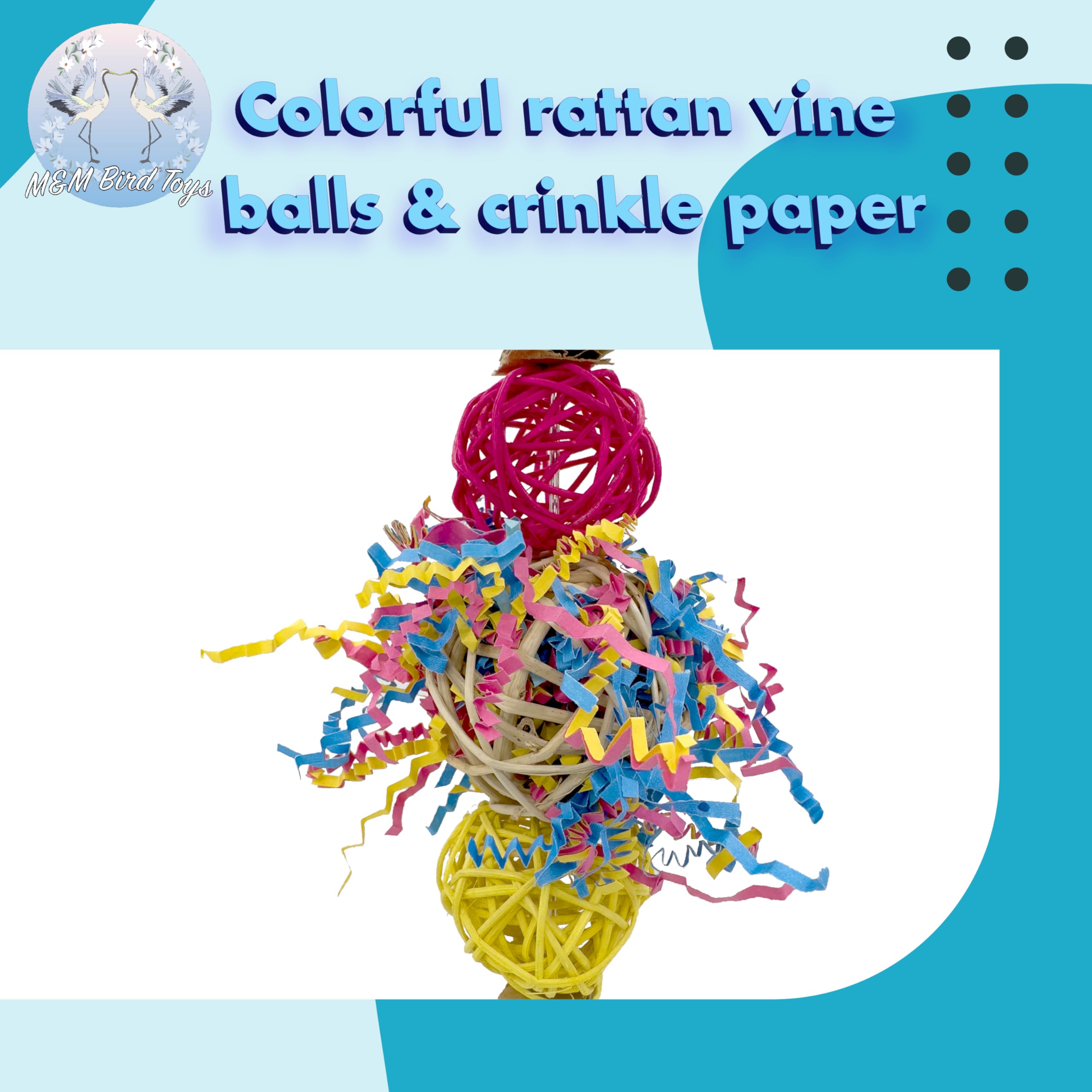 1701 Rainbow Rattan Bird Toy with Jute and Crinkle Paper – Shredding and Foraging Fun for Parakeets, Cockatiels, Conures, and Small Parrots – Natural Bird-Safe Toy for Cage Enrichment - image 5