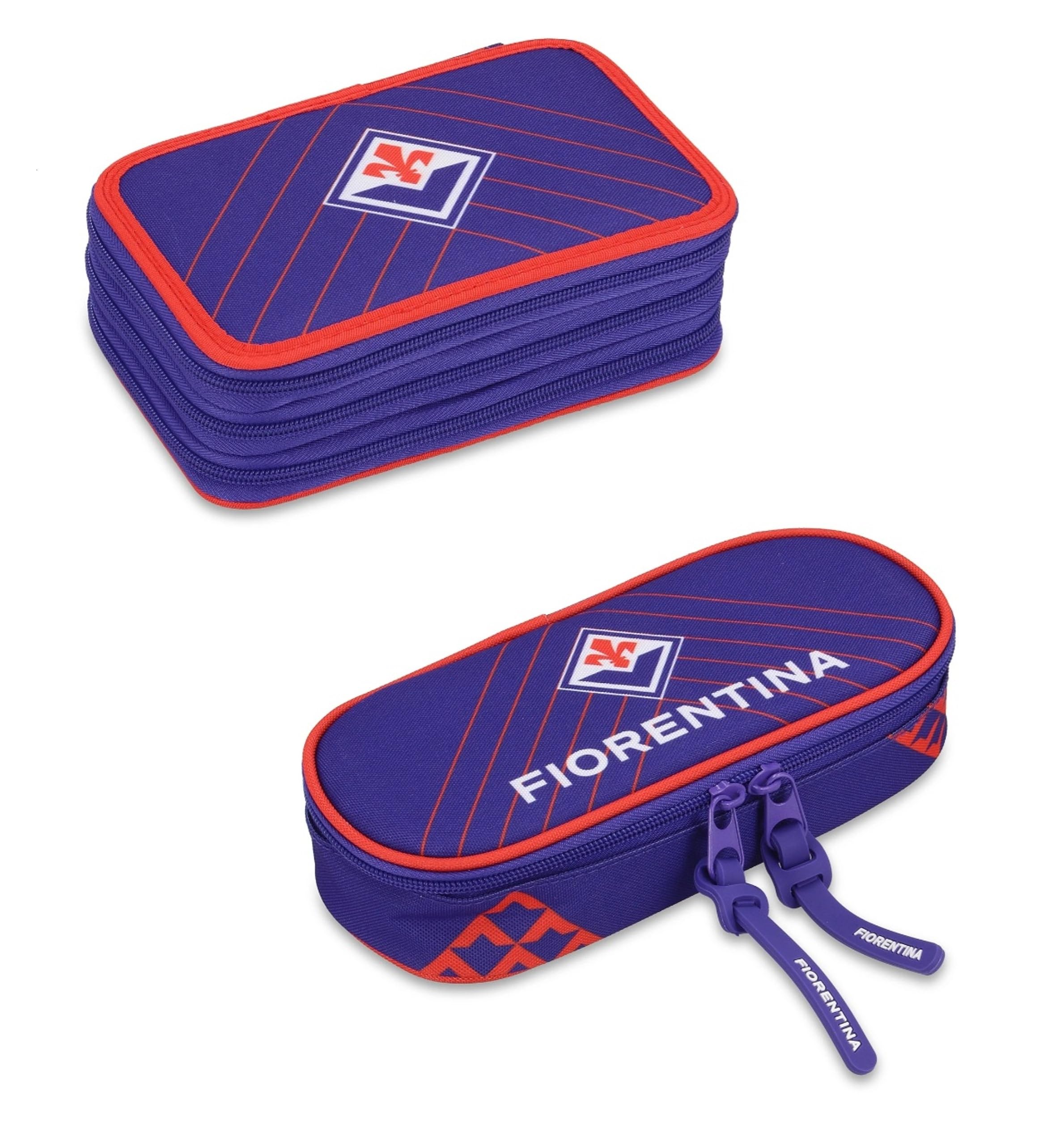 PRESTIGE & DELUXE Astuccio scuola Fiorentina Viola - 3 piani chiusura zip - completo di cancelleria + Astuccio ovale zip + omaggio portachiave