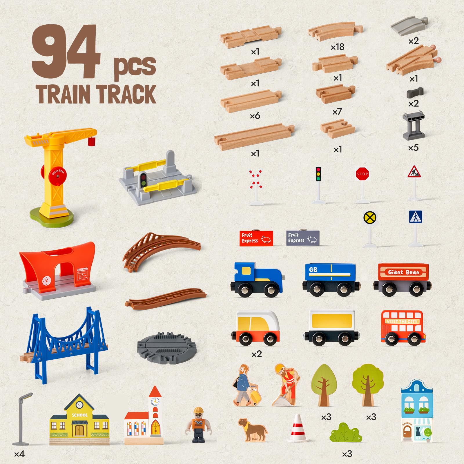 Juego Carriles Madera Modern City 94 Pieces Tren Niño 3+ Años | Incluye Carros Puentes Grúas Plataforma Sistema Completo Fun