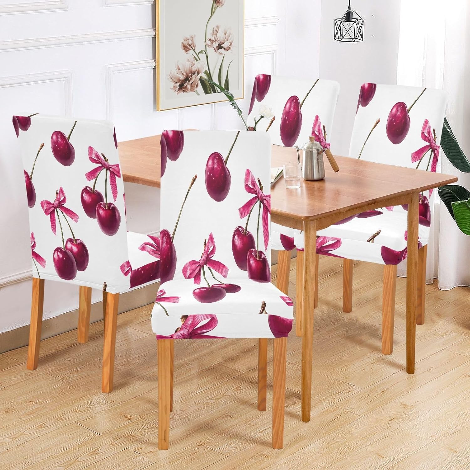 ALAZA Chair Covers for Dining Room, Cherry Pink Bow Pattern Stretch Chair Cover Sets Chair Protector Removable Washable for Ktichen Restaurant Hotel