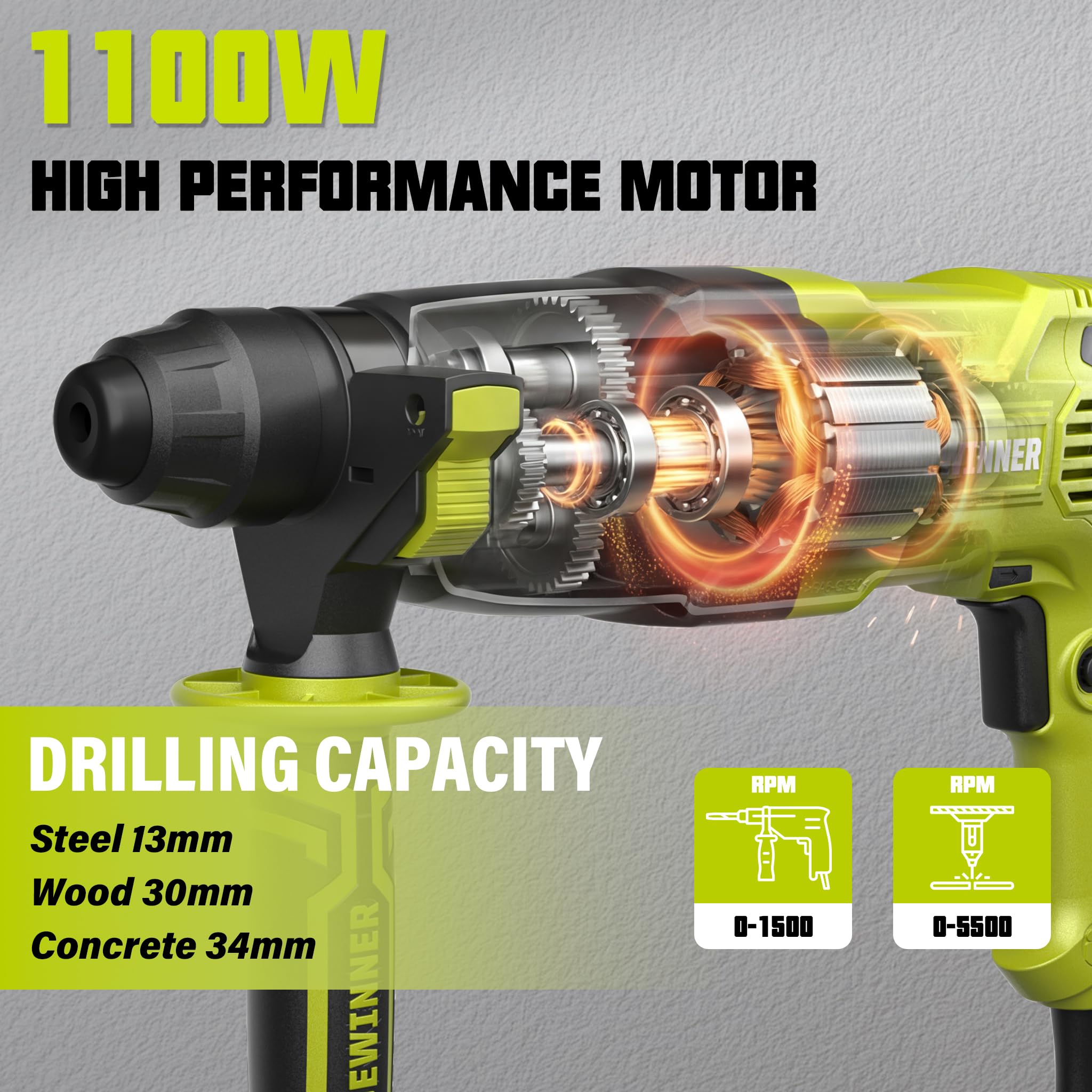 DEWINNER Młot udarowo-obrotowy, 1100 W, 3,4 J, młotek udarowo-obrotowy, 0-1500 obr./min, 5500 BPM, z 4 funkcjami i sprzęgłem bezpieczeństwa, 20 akcesoriów, zmienna prędkość, beton, stal, drewno