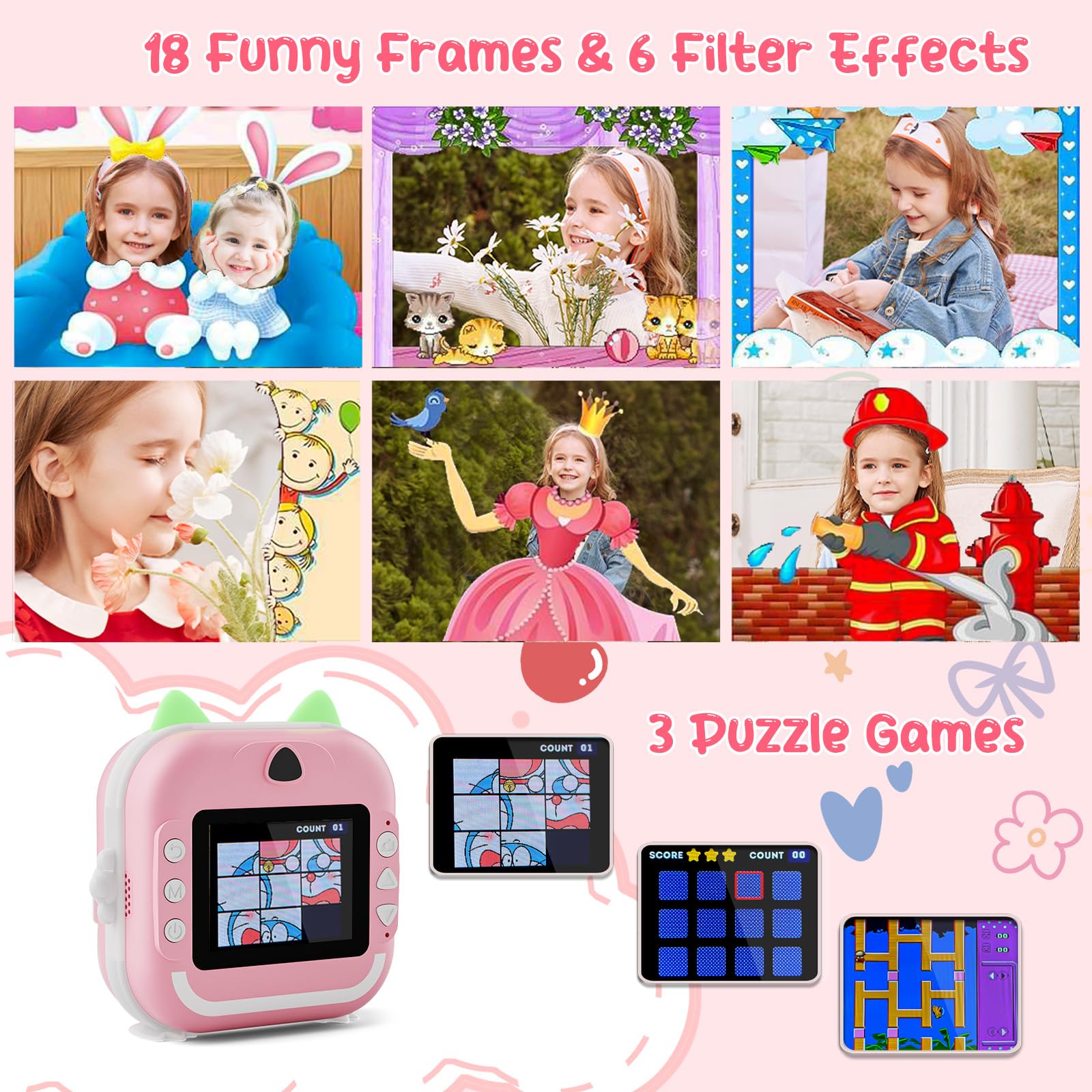 Macchina Fotografica Bambini Istantanea, Potuem 2.4 Pollici Digitale Fotocamera Bambini con 32GB Scheda TF, 6 Penne Colorate, 24MP/1080P Fotocamera Istantanea per Bambini, Regalo di Compleanno
