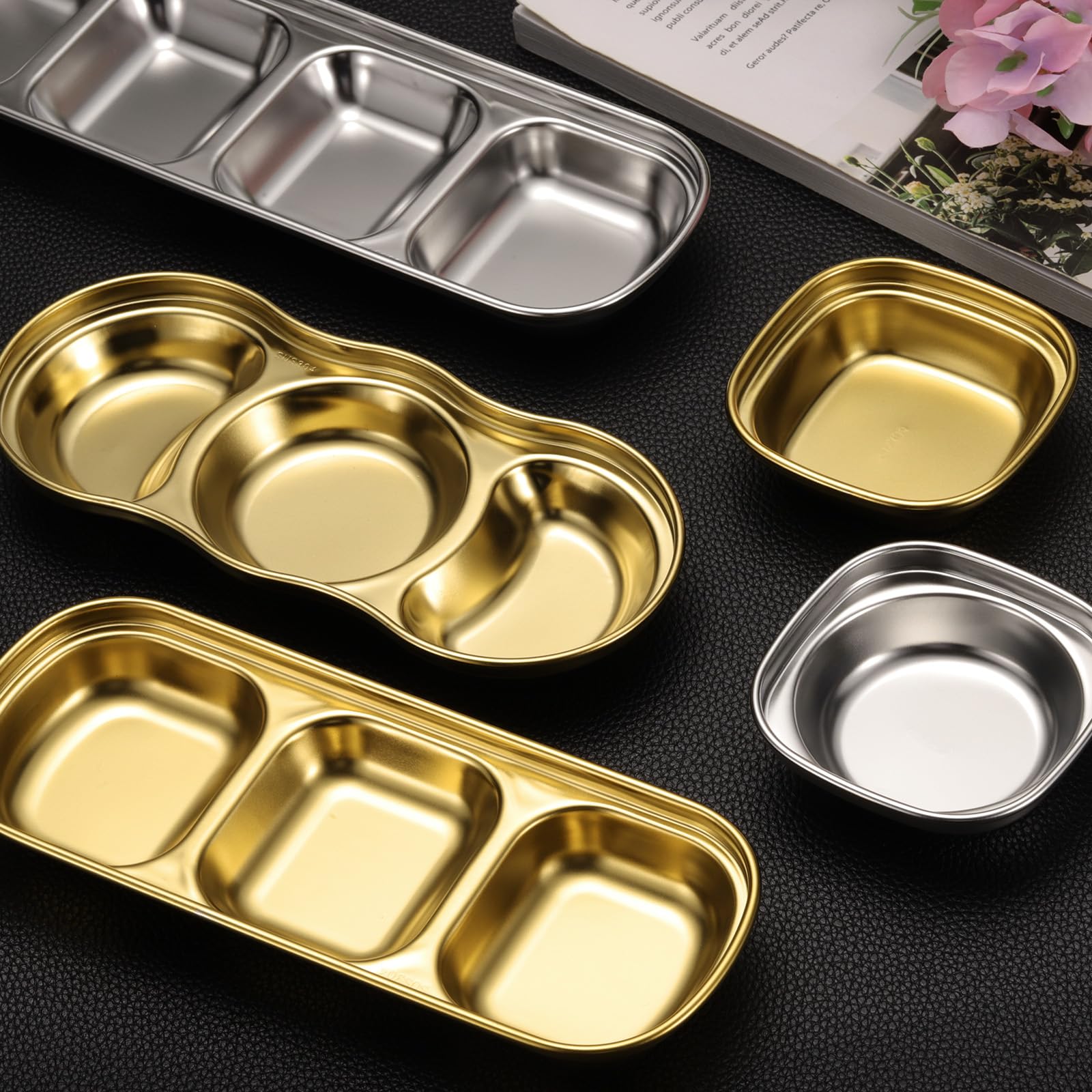 QUARKZMAN 10 Unidades De Cuencos Para Salsas De Acero Inoxidable Con 3 Compartimentos Redondos, Plato Para Condimentos Ideal Para Hogar Fiestas Restaurantes Picnic Viajes, Dorado