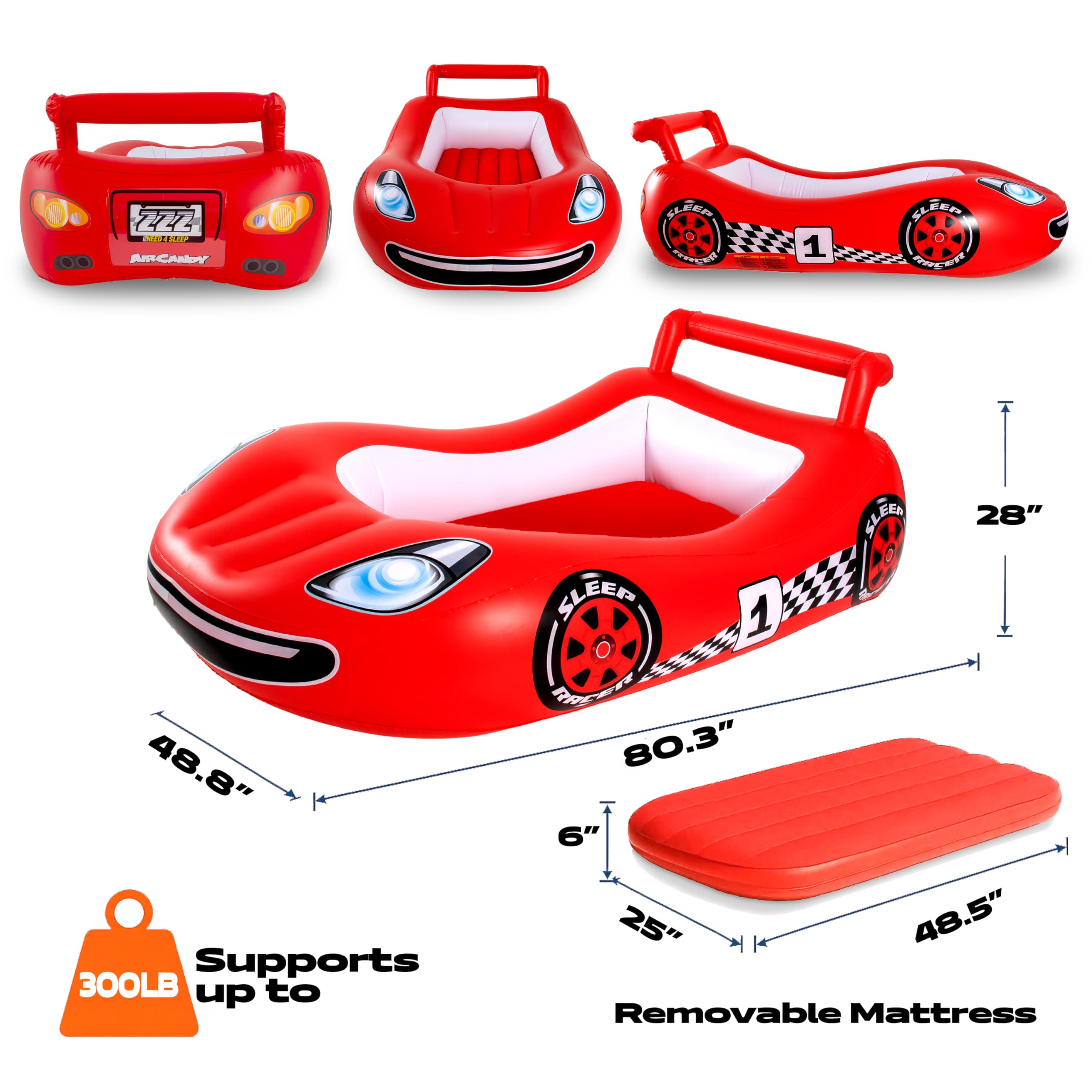 Air Candy Sleep Racer, comodo lettino gonfiabile per auto con LED rosso, per bambini dai 2 ai 6 anni
