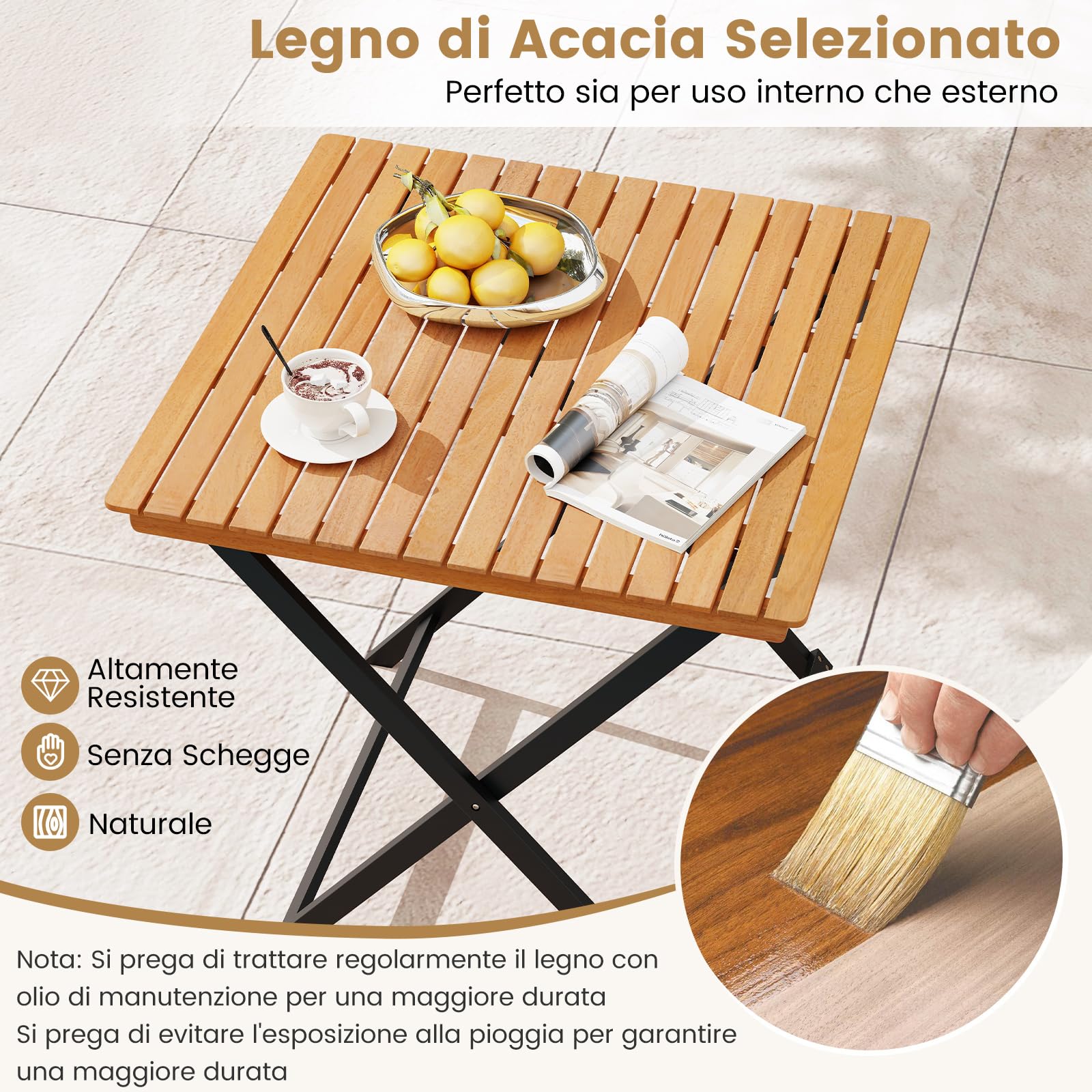 COSTWAY Tavolo Pieghevole da Esterno, Quadrato in Legno di Acacia, 2 Ganci di Fissaggio, Struttura a X, per Balcone Terrazzo Giardino, Portata 80 kg