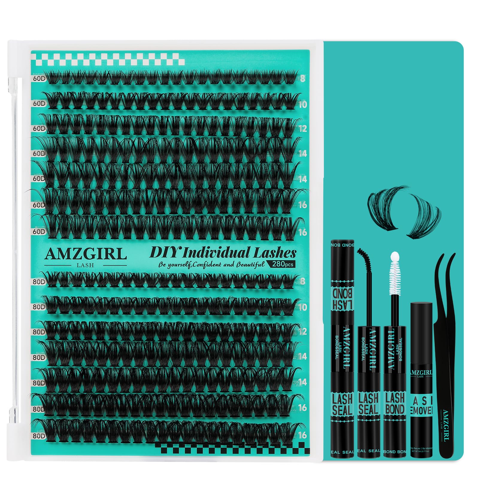 Lash Clusters Kit 280Pcs,60D 80D Eyelash Extension Kit,Lash Bond and Seal Waterproof,Lash Remover for Individual Cluster Lashes Kit,Lash Applicator Tool for DIY Lash Extension Kit(D-Mix9-16mm Kit)