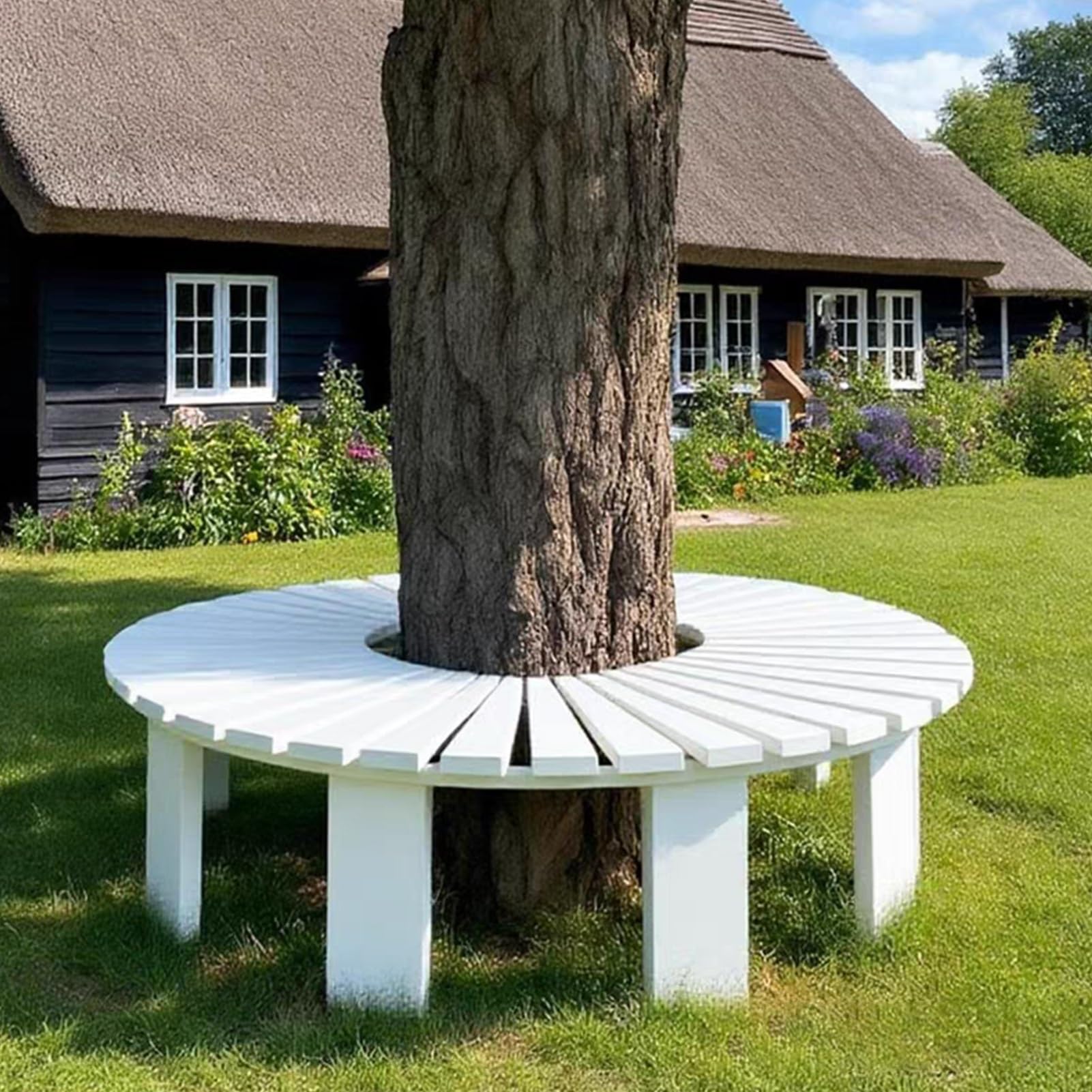 Banc rond de cour en bois blanc extérieur résistant aux intempéries