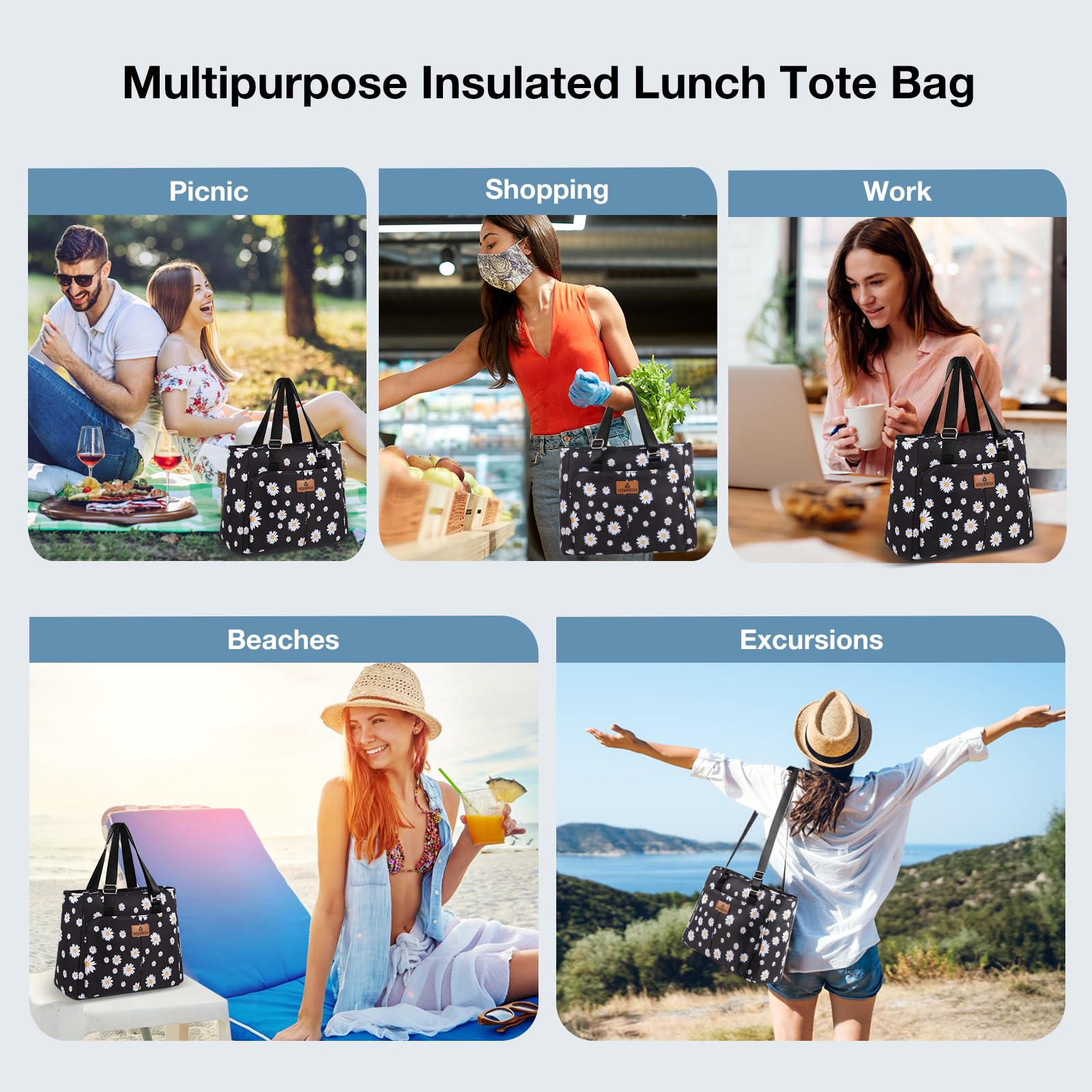 HSHRISH Borsa Termica Porta Pranzo, Impermeabile a prova di perdite, Riutilizzabile, Cibo Lavoro ufficio Shopping Scuola Viaggi Campeggio Picnic,15L Margherita