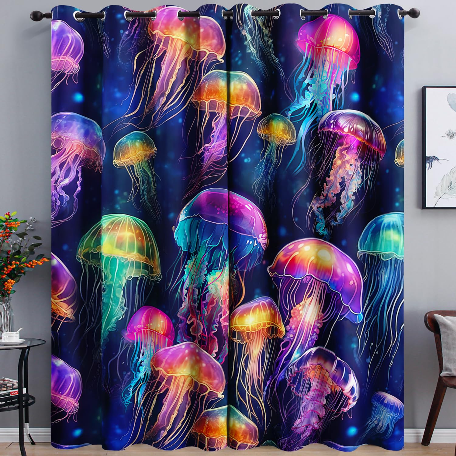 AILONEN Jellyfish Window Curtain,Ocean Animal Colorful Window Drapes for Toddler Kids Teens,Ocean Jellyfish Aesthetic Window Treatment Drapes for Bedroom Living Room Decor, 42