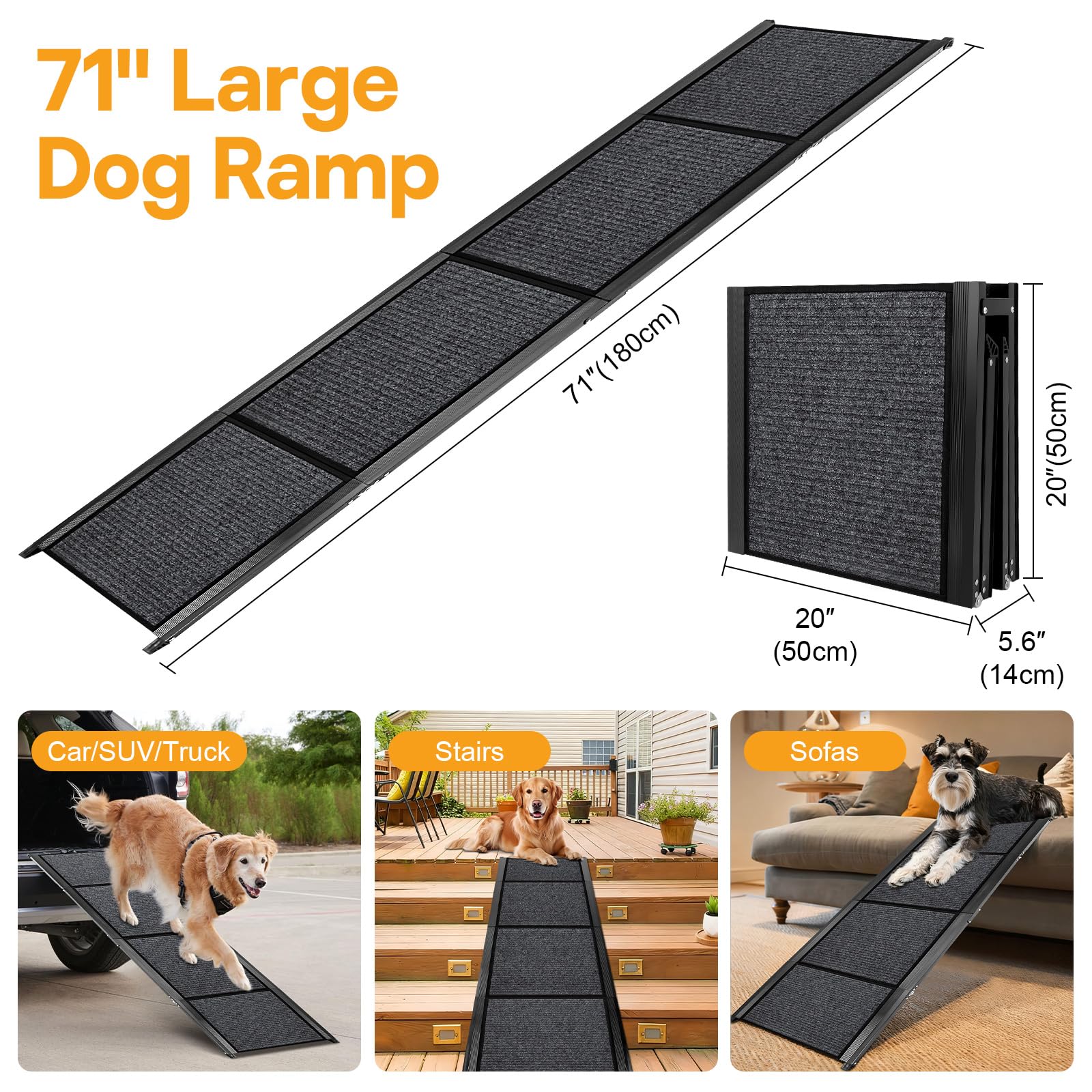 Rampes pour chiens de grande taille, 180,3 cm de long et 50,8 cm de large, en aluminium pliable extra large avec surface de tapis étanche IP64 et antidérapante, jusqu'à 136,1 kg pour chiens géants