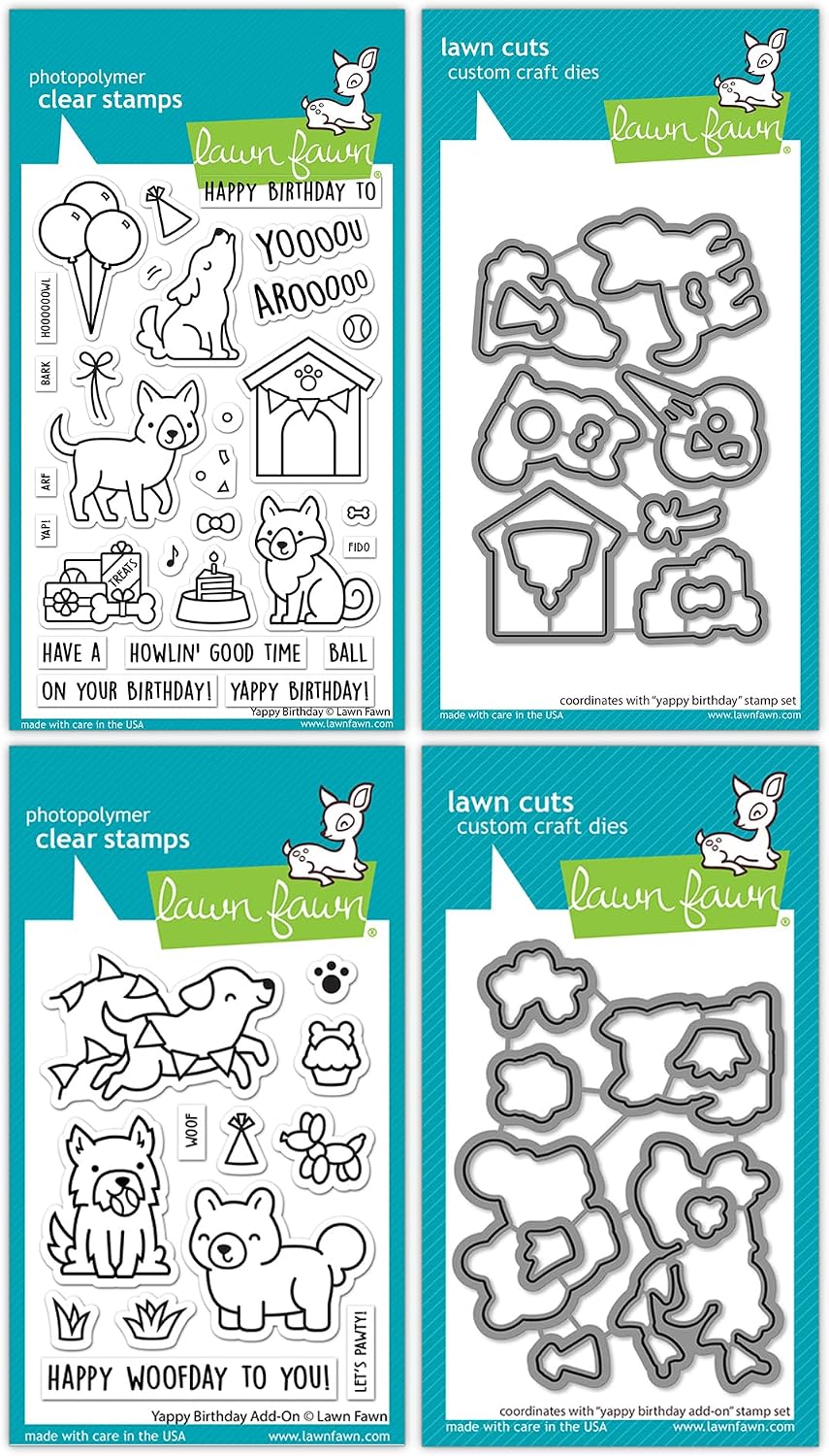 Lawn Fawn - Yappy Birthday and Yappy Birthday Add-On - Stamps and Dies - 4 Item Bundle