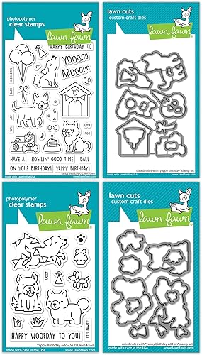 Lawn Fawn - Yappy Birthday and Yappy Birthday Add-On - Sellos y troqueles - Paquete de 4 artículos