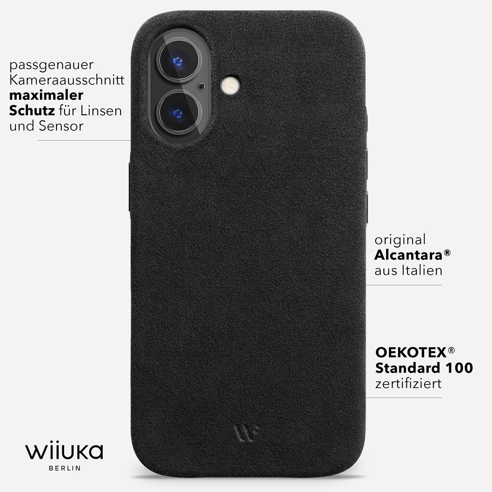 WIIUKA Etui do iPhone 17, oryginalne Alcantara®, ręcznie wykonane, bardzo cienkie, premium etui na telefon komórkowy, Case, Qi, alternatywa dla skóry, skiin Alcantara, czarne