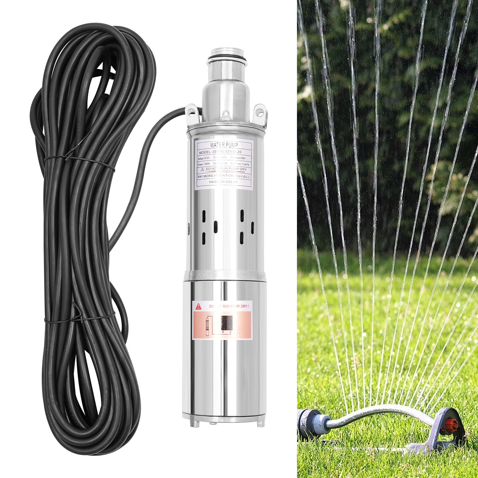 Bomba de Pozo Profundo Motor 180 W 1200 L/h, Bomba Sumergible agua Profundo de acero inoxidable 3000 rpm, Bomba de Agua Solar, Altura Máxima 20 m, Caudal 1,2 m³, IP68